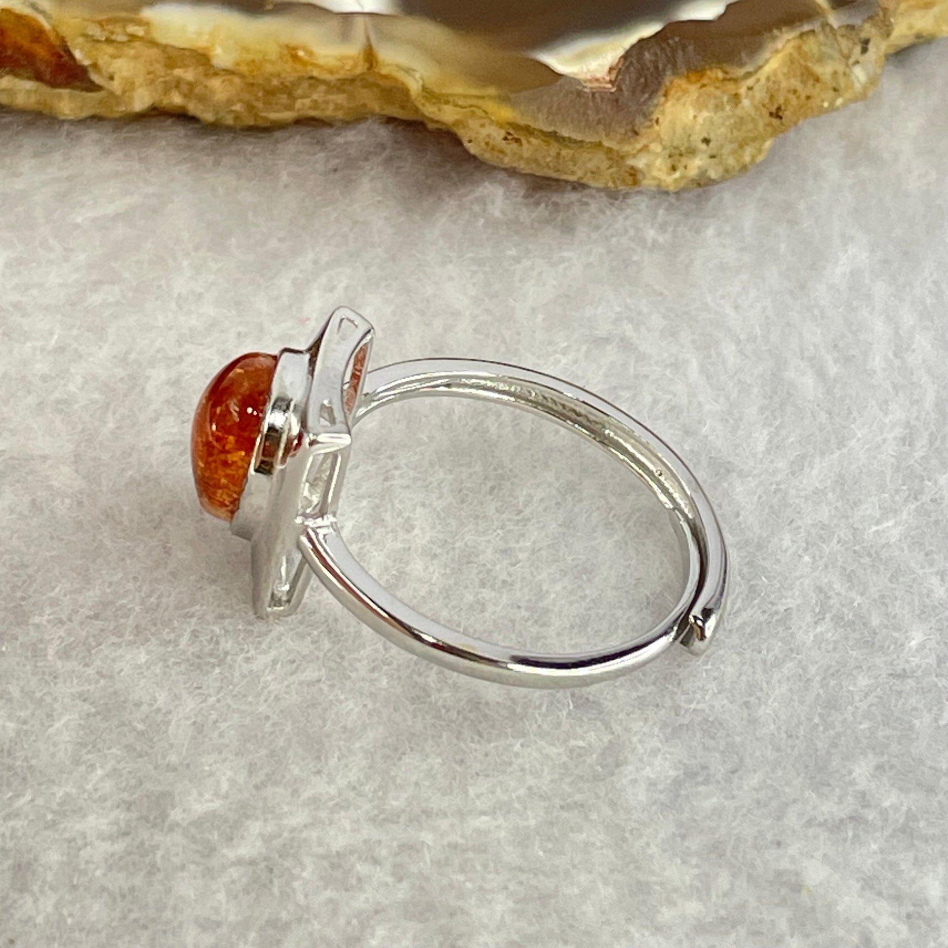 Good Grade Natural Golden Sun Stone in S925 Silver Ring (Adjustable Size) 2.21g 8.9 by 6.8 by 3.5mm - Huangs Jadeite and Jewelry Pte Ltd