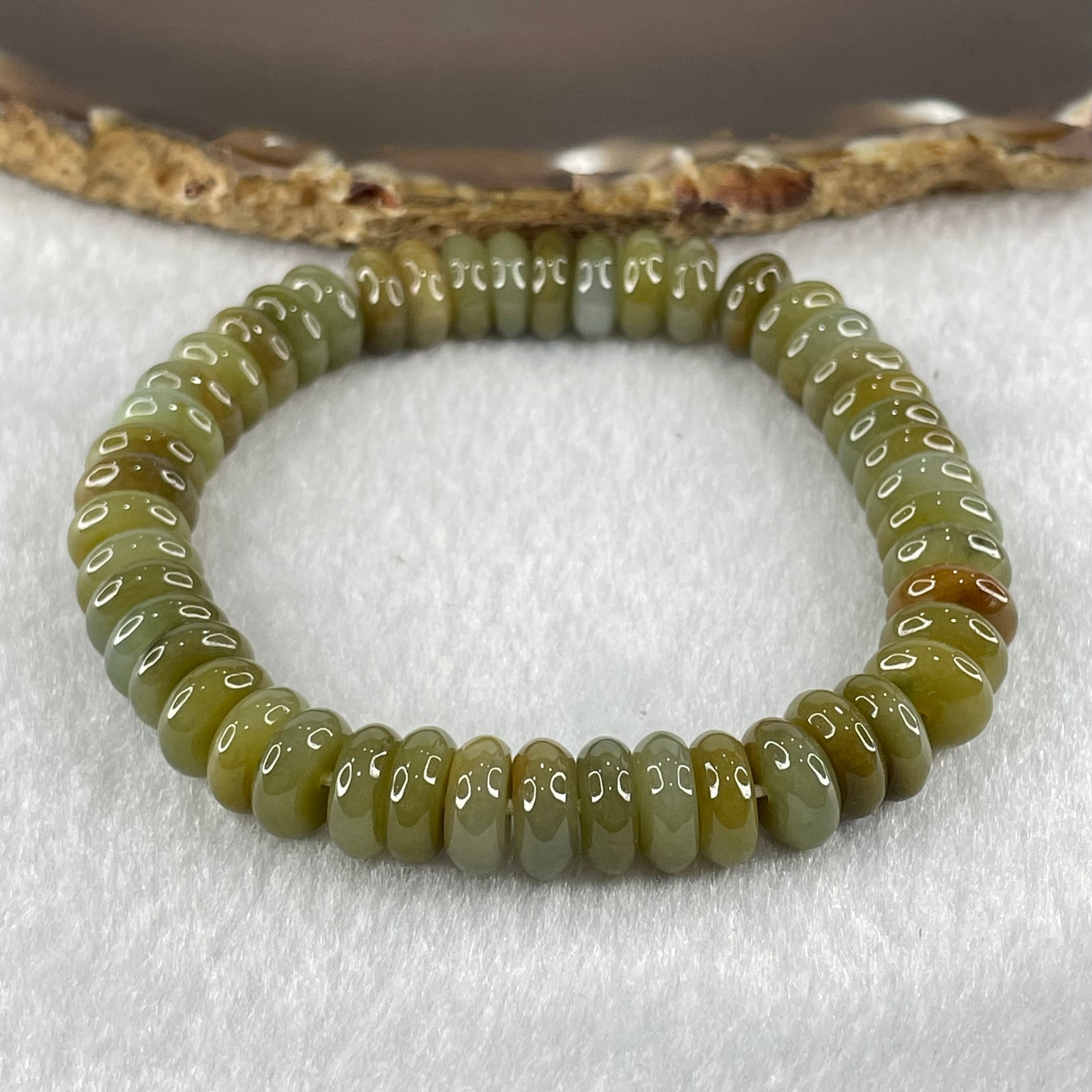 Type A Brown with Blueish Green Jadeite Ping An Kou Donut Beads Bracelet 33.05g 16cm 9.3mm 47pcs - Huangs Jadeite and Jewelry Pte Ltd