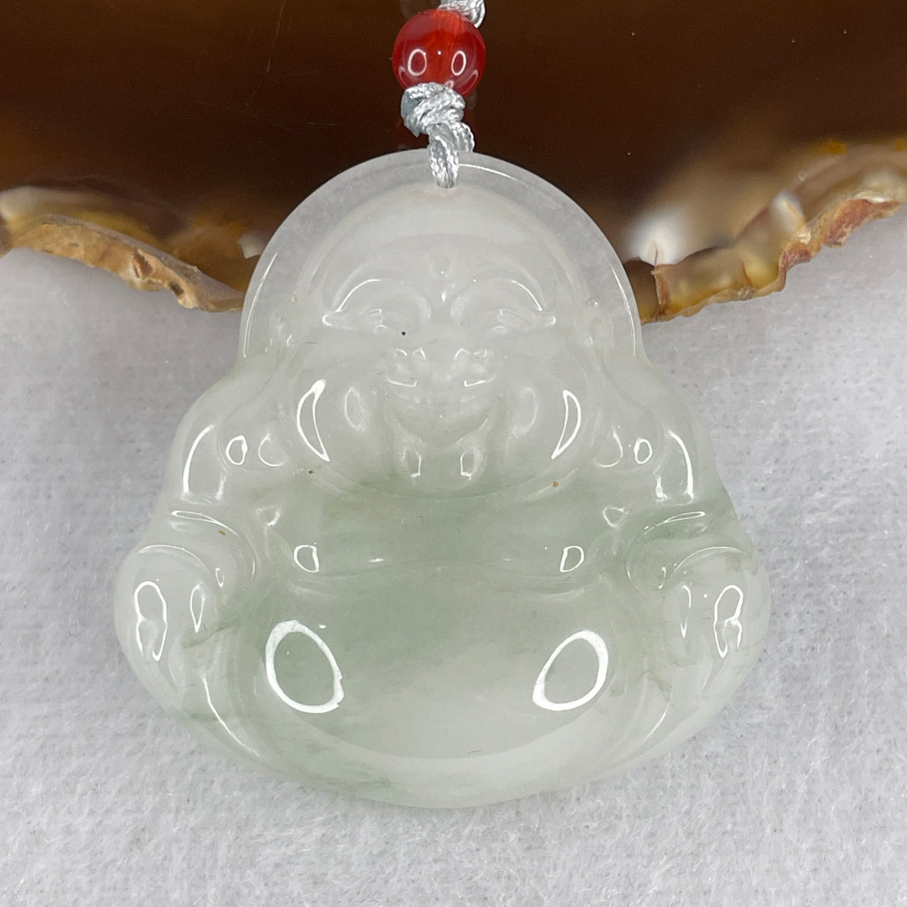 Natural Green with White Patches Quartzite Jade Laughing Milo Buddha Pendant 26.02g 42.5 by 42.3 by 11.4mm