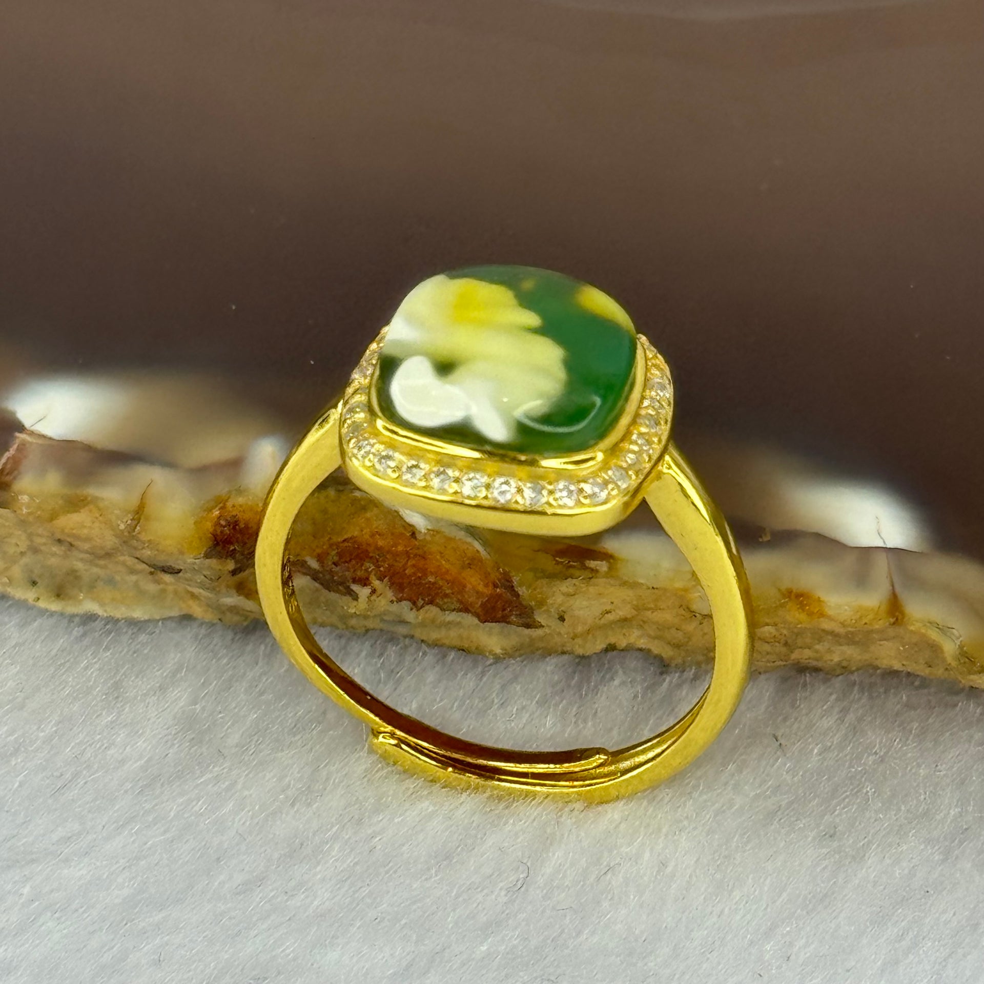 Natural Green Amber with Milk Inclusions in S925 Sliver Gold Color Ring (Adjustable Size) 2.31g 9.5 by 3.0mm - Huangs Jadeite and Jewelry Pte Ltd