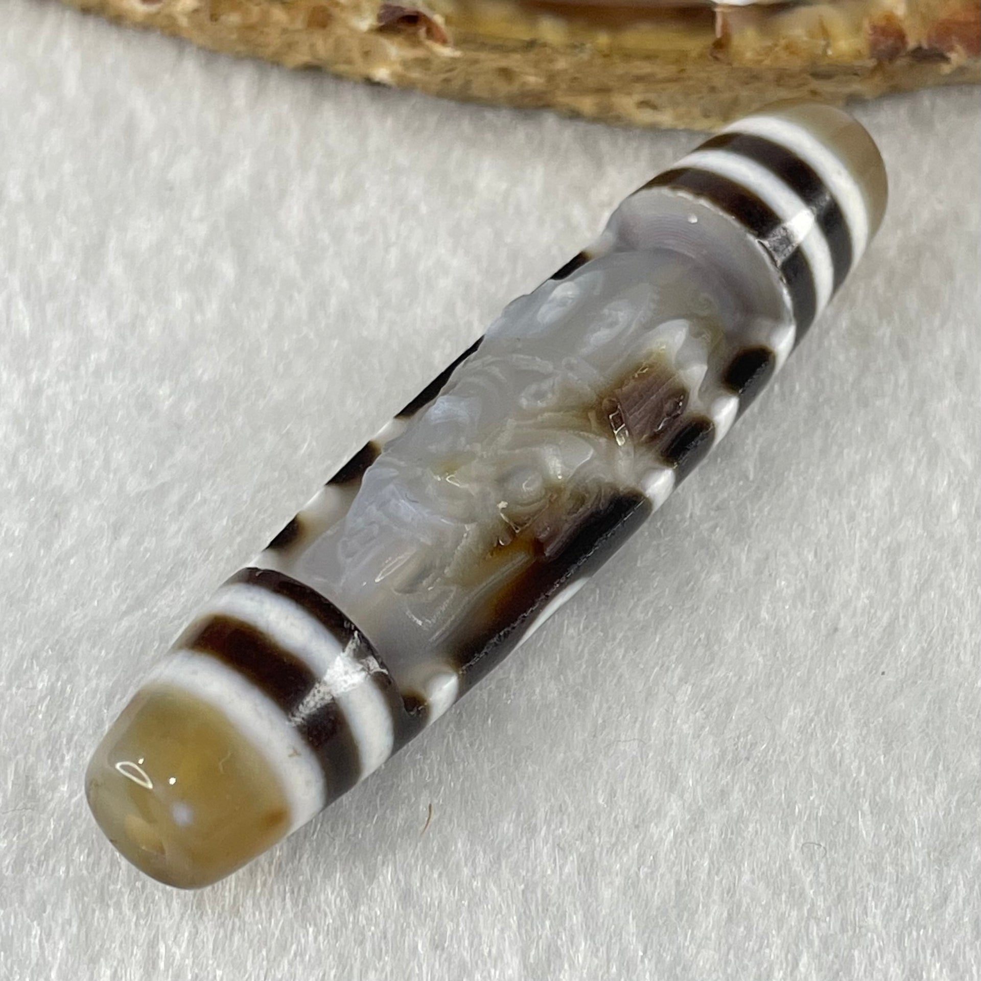 Natural Powerful Tibetan Old Oily Agate 2 Eye with Zha Ji La Mu Female Cai Shen Carvings Dzi Bead Heavenly Master (Tian Zhu) 两眼扎基拉姆女财神天诛 13.65g 57.7 by 13.5mm - Huangs Jadeite and Jewelry Pte Ltd