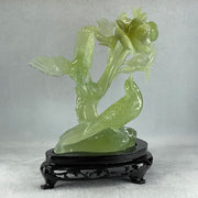 Natural Semi Icy Green Serpentine Double Magpie Birds on Flower Tree with Wooden Stand Display 641.5g 210.0 by 220.0 by 112.0mm - Huangs Jadeite and Jewelry Pte Ltd