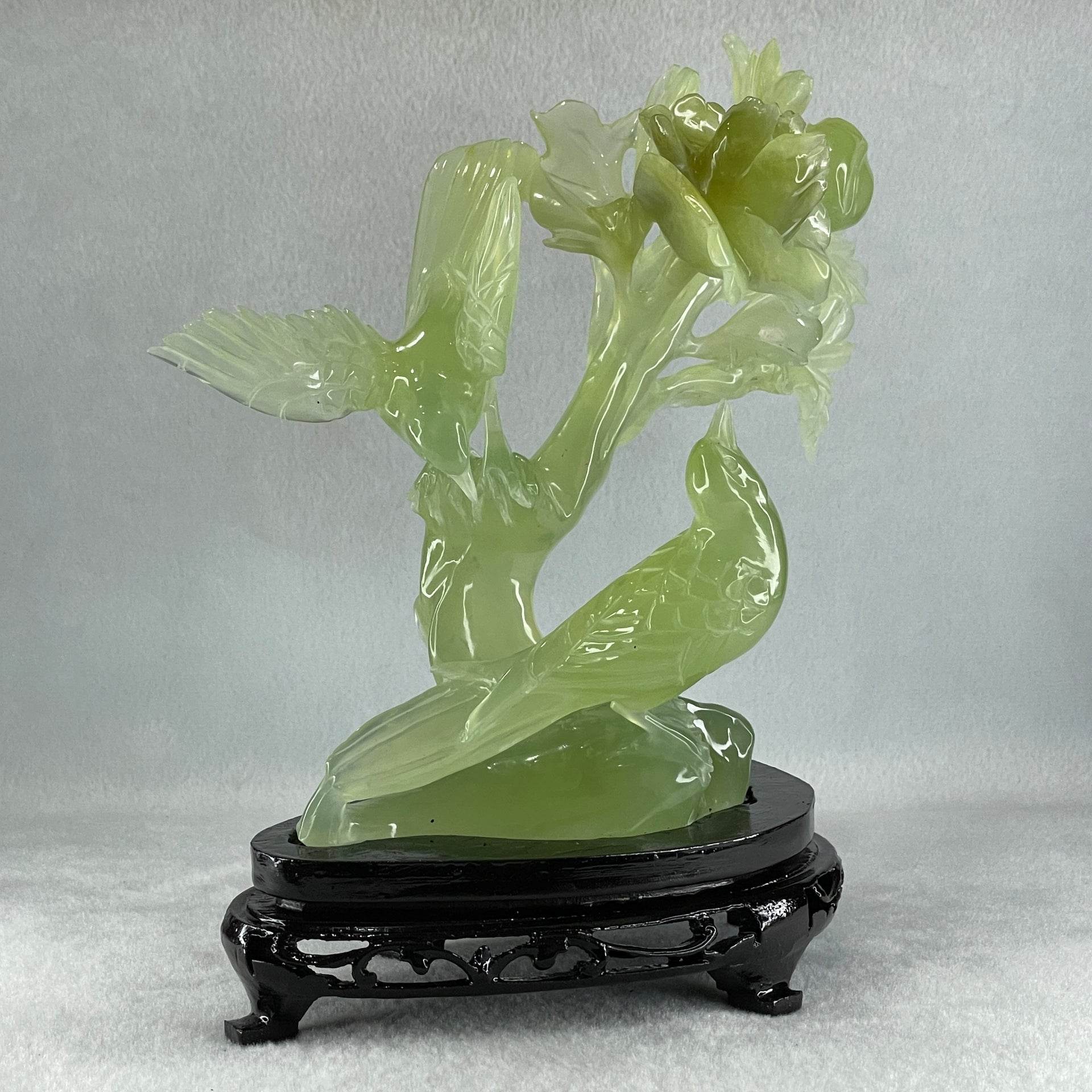 Natural Semi Icy Green Serpentine Double Magpie Birds on Flower Tree with Wooden Stand Display 641.5g 210.0 by 220.0 by 112.0mm - Huangs Jadeite and Jewelry Pte Ltd