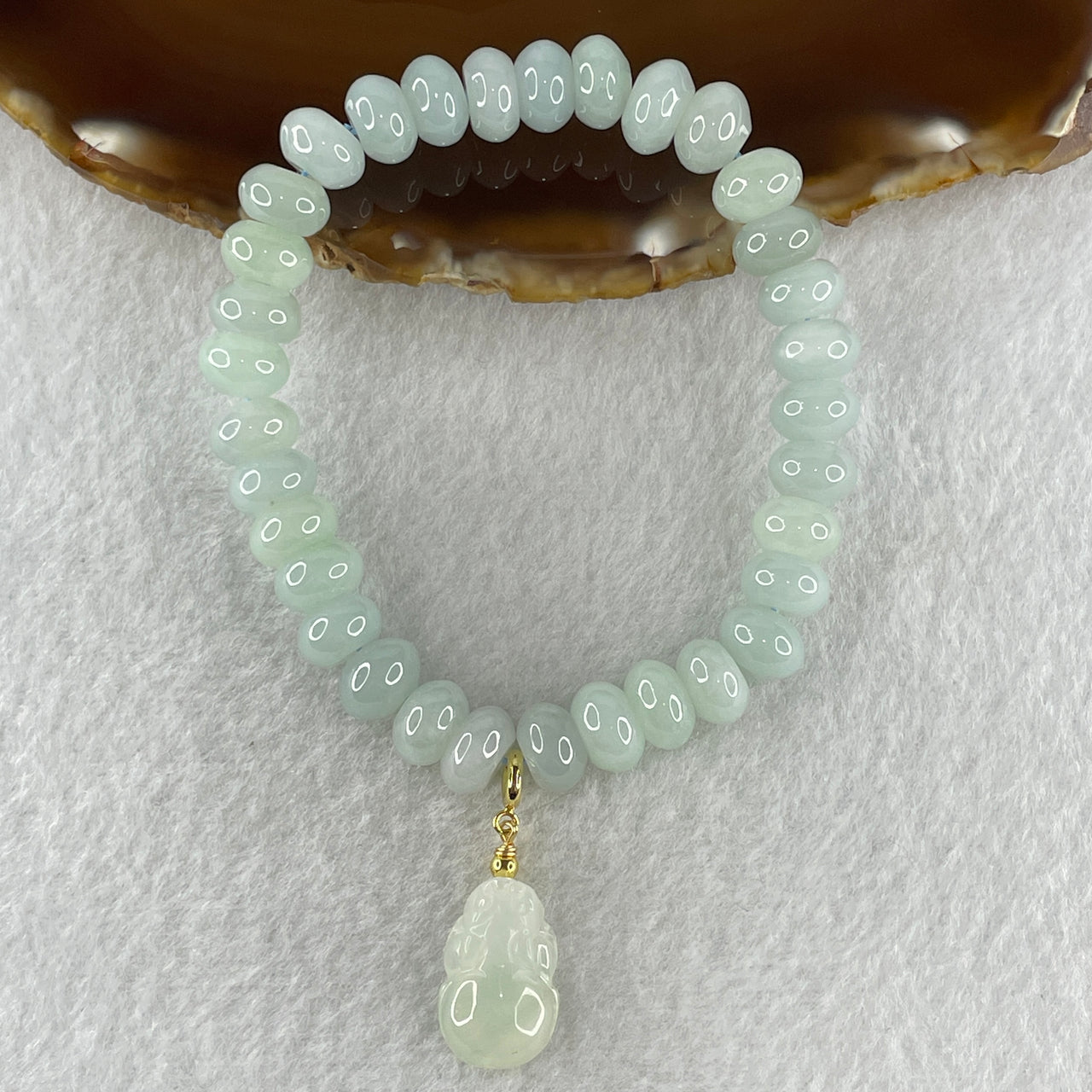 Certified Natural Type A Light Sky Blue Jadeite Donut Shape Beads with Semi Icy White Jadeite Pixiu in Gold Color Charm 18.1 by 12.1 by 5.5mm Bracelet 30.83g 16.5cm 9.5mm 33 Beads