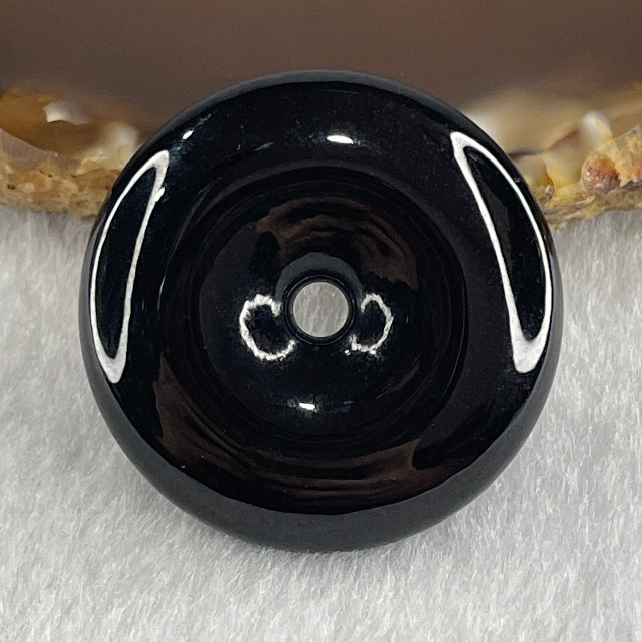 Type A Opaque Black Omphacite Jadeite Ping An Kou Donut Pendant 15.28g 30.0 by 7.7mm