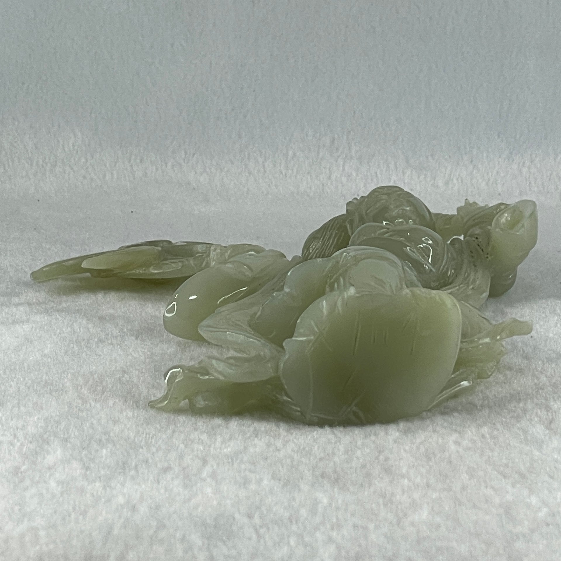 Natural Green Serpentine Fairy with Butterfly with Wooden Stand Display 336.9g 132.0 by 201.0 by 68.0mm - Huangs Jadeite and Jewelry Pte Ltd