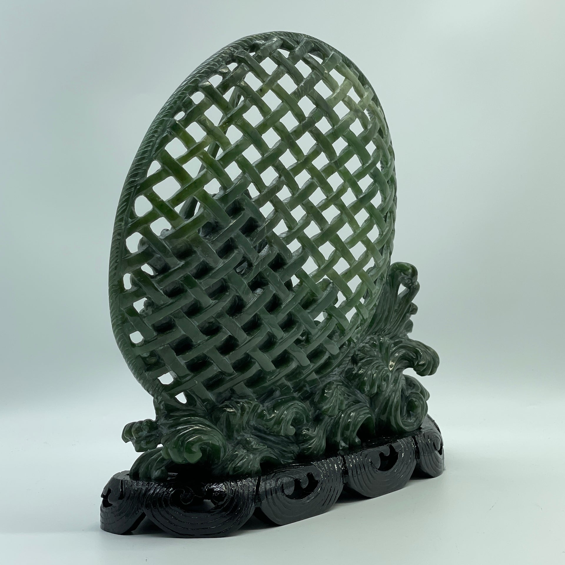 Natural Dark Green Nephrite 3 Prawns in Net with Wooden Display 2,568.0g 280.0 by 95.0 by 270.0mm - Huangs Jadeite and Jewelry Pte Ltd