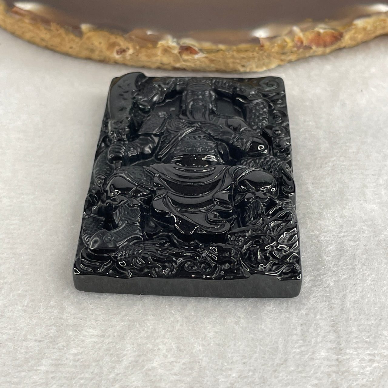 Certified Natural Type A Black Omphacite Jadeite Standing Guan Gong with Dragon Pendant 41.84g 62.5 by 42.2 by 8.7mm