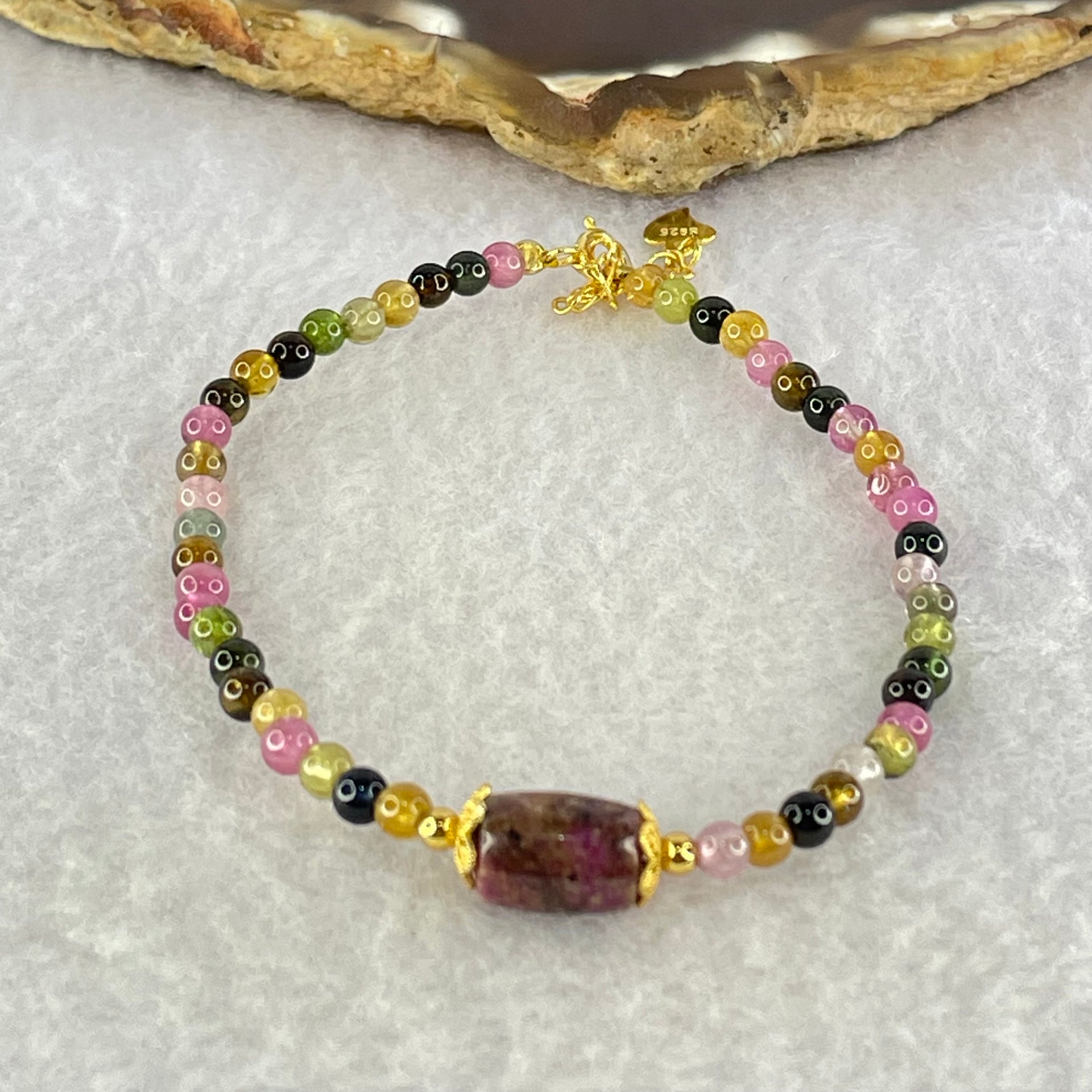 Natural Tourmaline Beads with Melon Charm in S925 Sliver Gold Color Bracelet 4.06g 16cm 9.4 by 6.9mm - Huangs Jadeite and Jewelry Pte Ltd