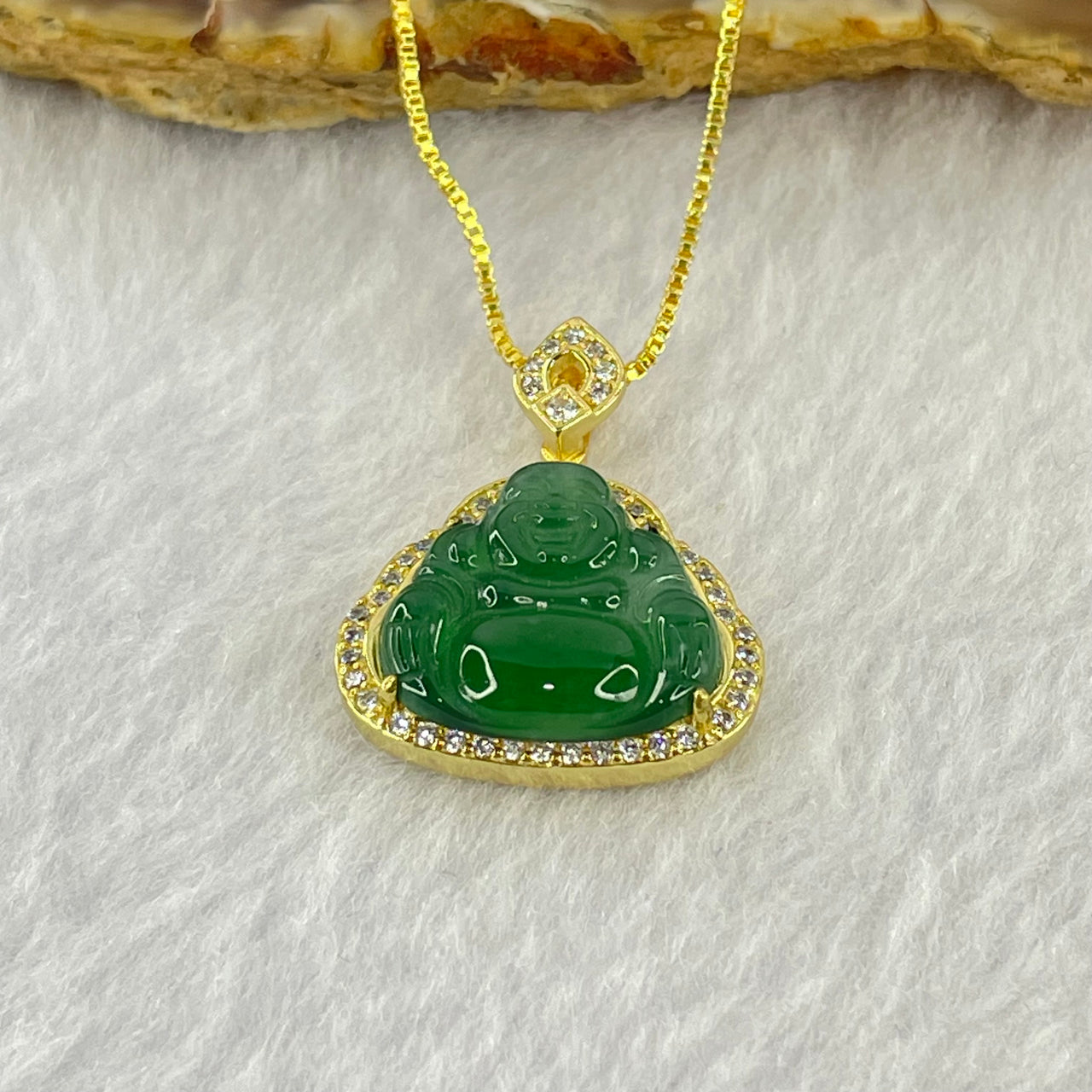 Type A Icy Green Omphasite Jadeite Milo Buddha Pendent in Silver Gold Color Necklace 3.02g 14.6 by 15.5 by 3.0mm - Huangs Jadeite and Jewelry Pte Ltd