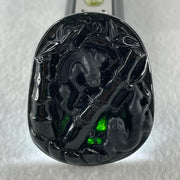 Type A Opaque to Partial Translucent Black Omphacite Jadeite Pixiu Pair with Bamboo Pendant 24.47g 53.7 by 43.2 by 8.4mm - Huangs Jadeite and Jewelry Pte Ltd