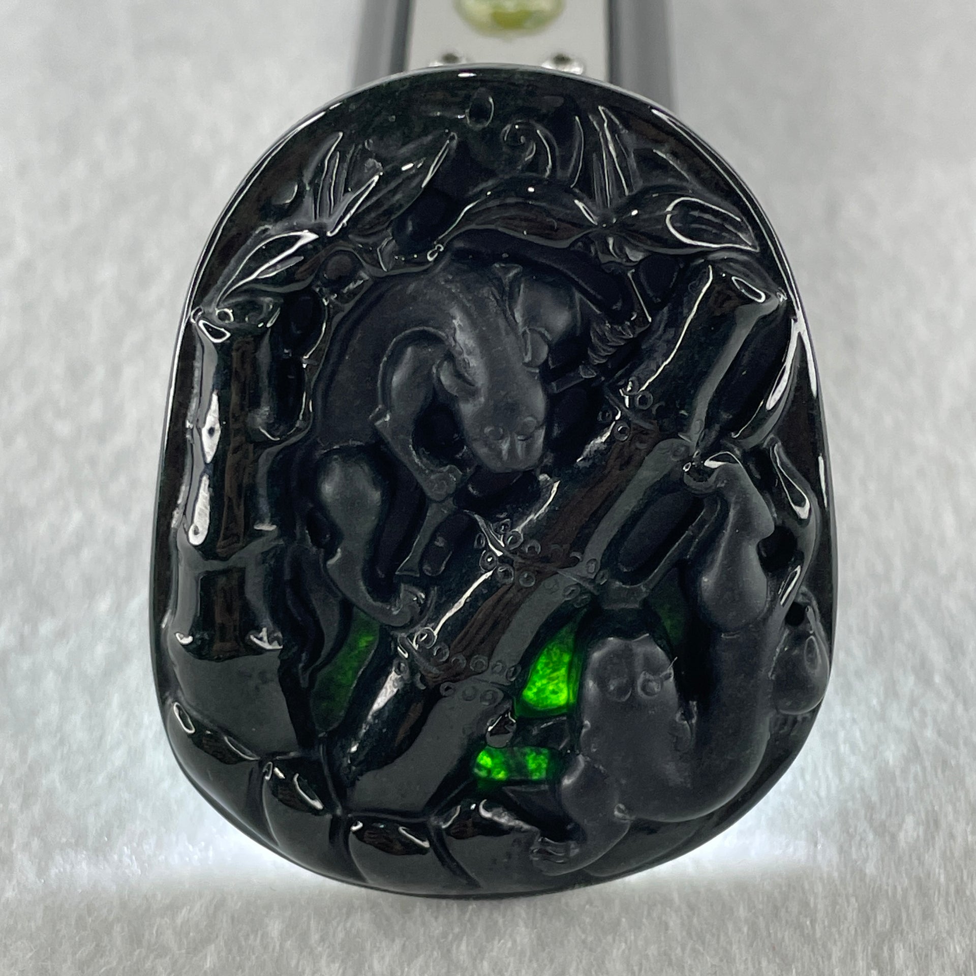 Type A Opaque to Partial Translucent Black Omphacite Jadeite Pixiu Pair with Bamboo Pendant 24.47g 53.7 by 43.2 by 8.4mm - Huangs Jadeite and Jewelry Pte Ltd