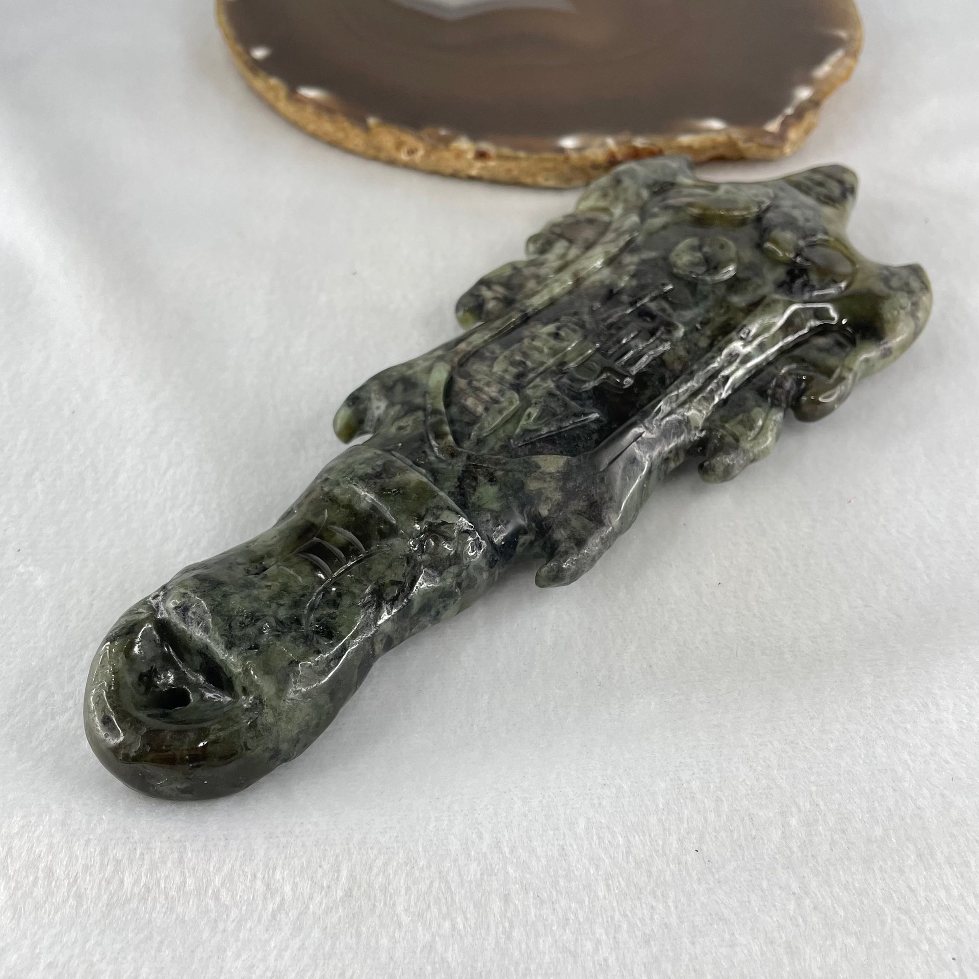Type A Green with Dark Green to Black Piao Hu Flora Jadeite Axe with Yin and Yang 320.38g with Wooden Stand Display Total 904.5g 170.0 by 124.0 by 195.0mm - Huangs Jadeite and Jewelry Pte Ltd