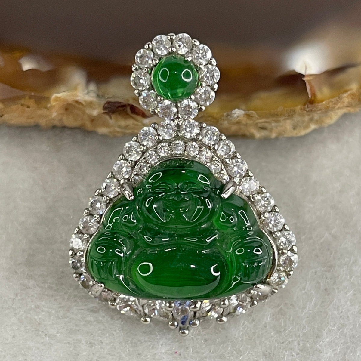 Natural Type A Omphacite Spicy Green Jadeite Milo Buddha Pendant in S925 Silver | (4.47g | 12.5 x 16.5 x 3.0mm | Power Catalyst, Laughing Buddha Joy & Fortune Anchor, Feng Shui Harmony & Abundance Pendant) - Huangs Jadeite and Jewelry Pte Ltd