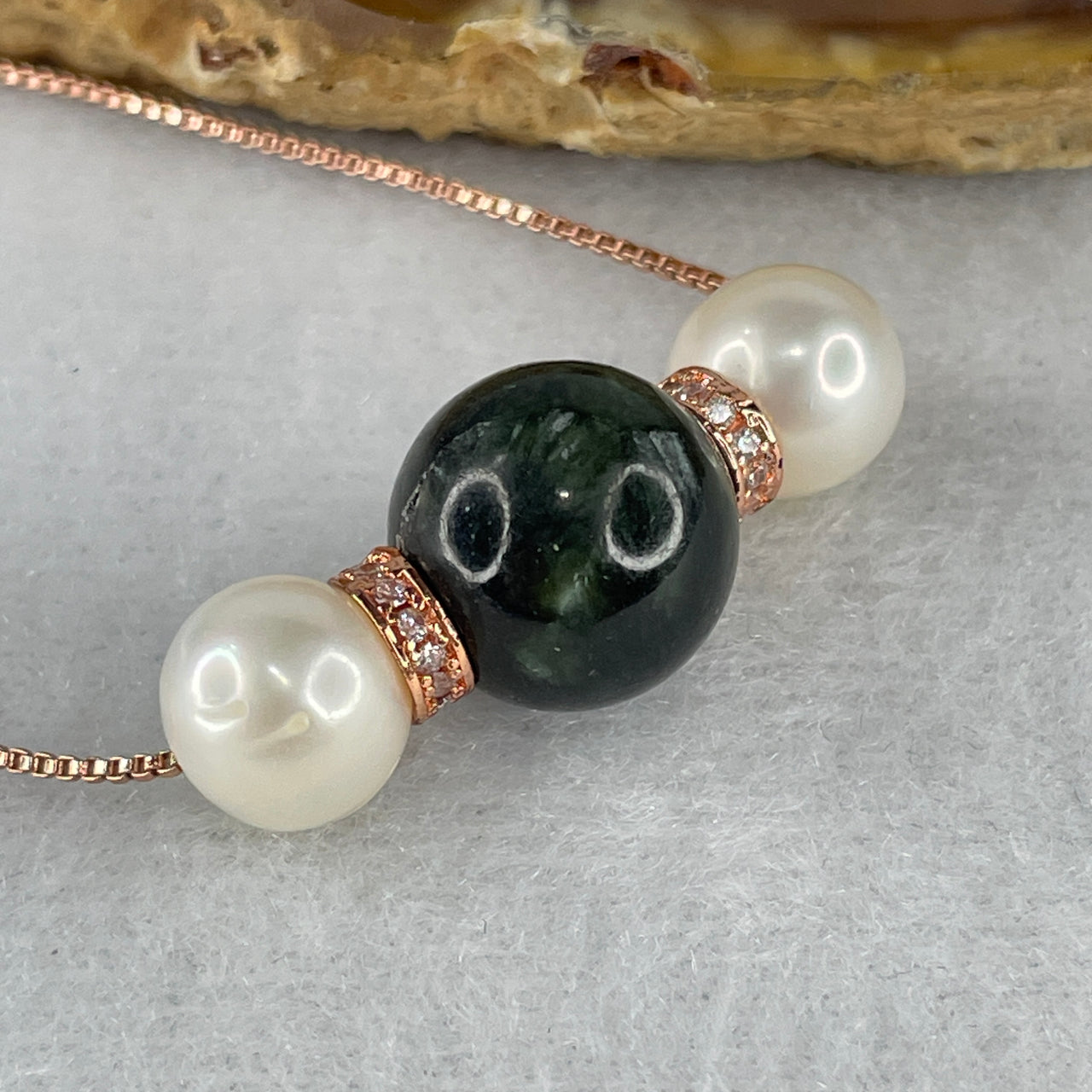 Natural Green Seraphinite Bead with Faux Pearl Necklace 7.11g 42cm 12.4mm 1 Bead - 8.6m 2 Beads - Huangs Jadeite and Jewelry Pte Ltd