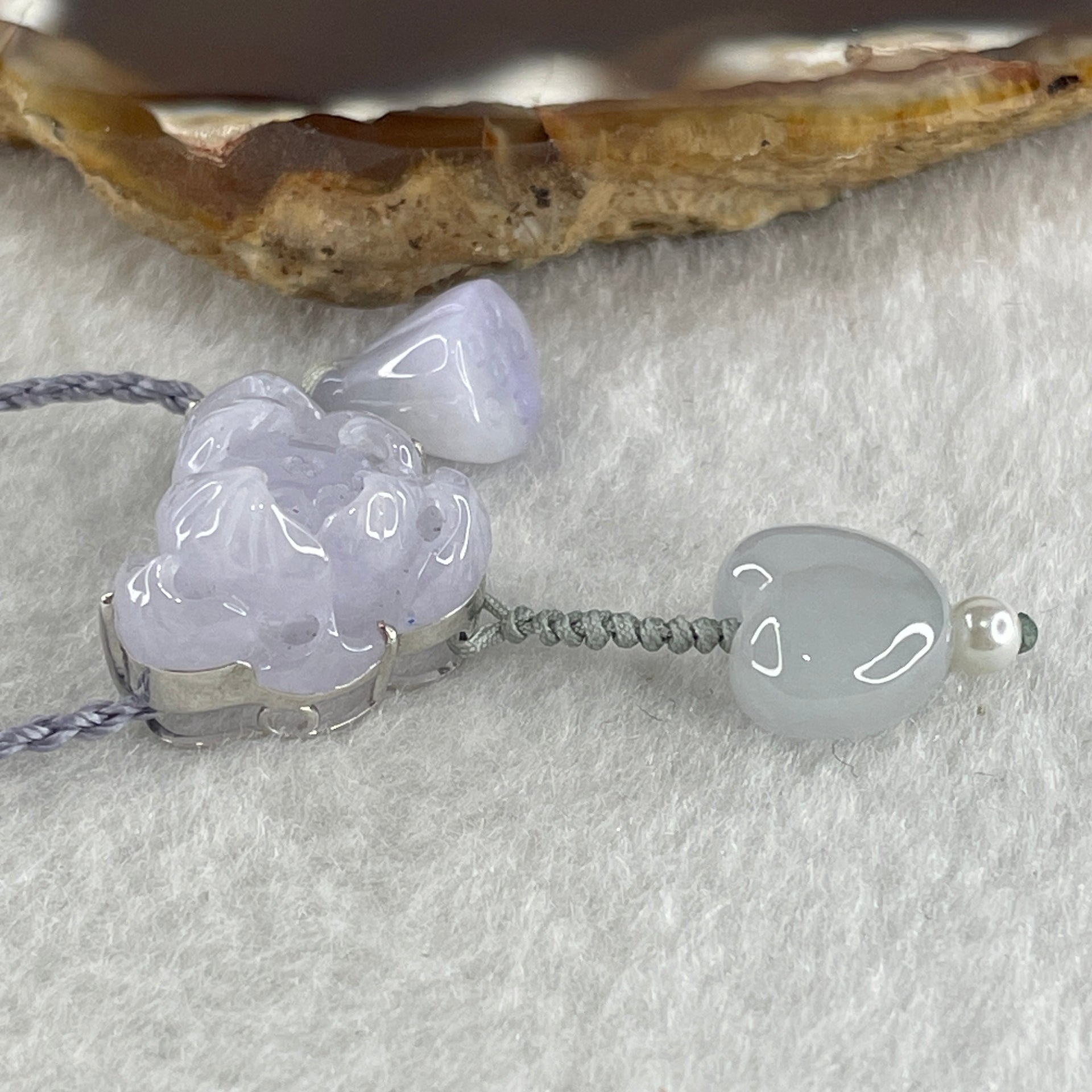 Natural Type A Light Lavender Jadeite Lotus Flower with Heart Shape on String Necklace 6.97g 14.5 by 16.8 by 8.8mm - Huangs Jadeite and Jewelry Pte Ltd