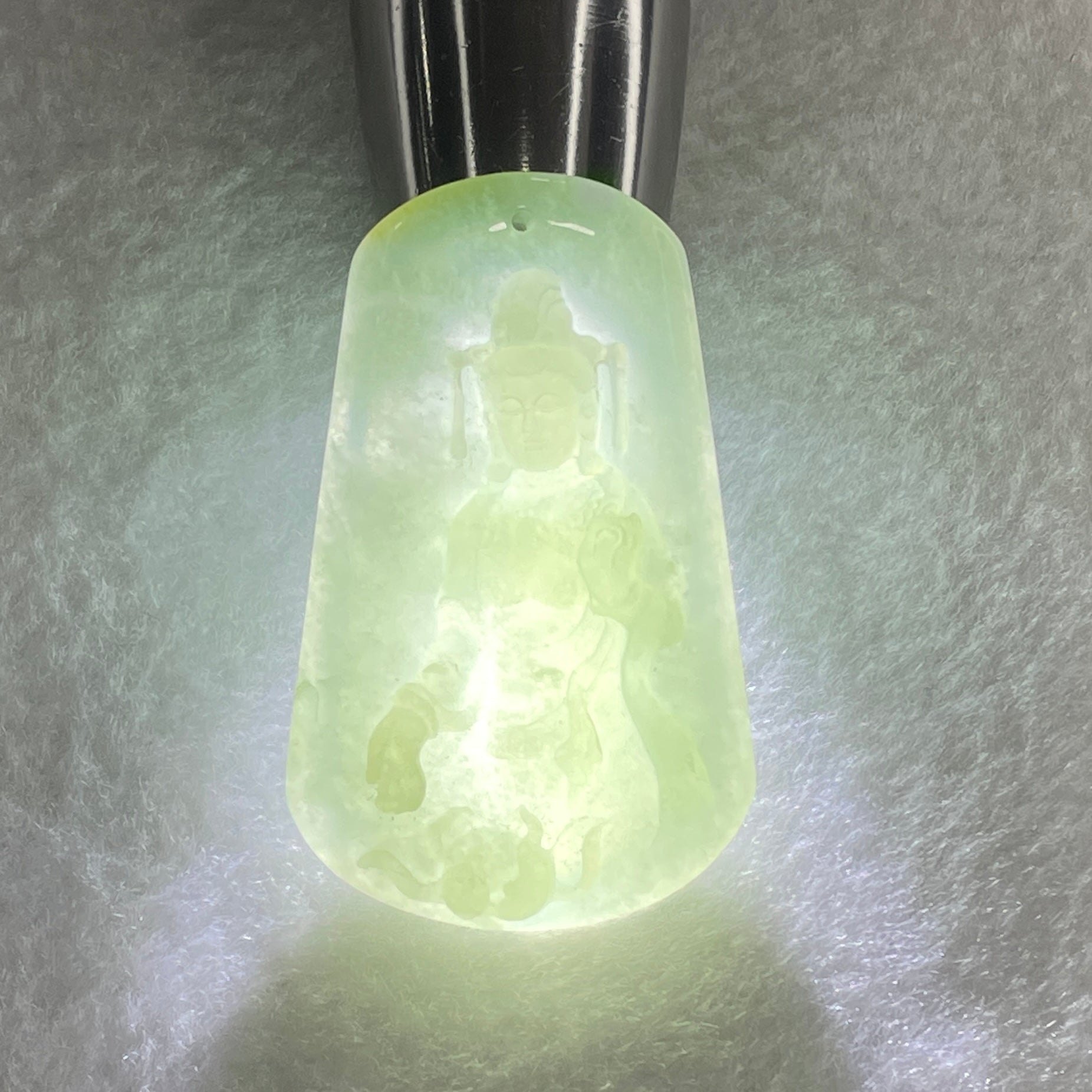 Natural Type A Jelly Light Green Jadeite Guan Yin on Lotus Flower Pendant 23.91g 55.0 by 34.1 by 7.5mm - Huangs Jadeite and Jewelry Pte Ltd