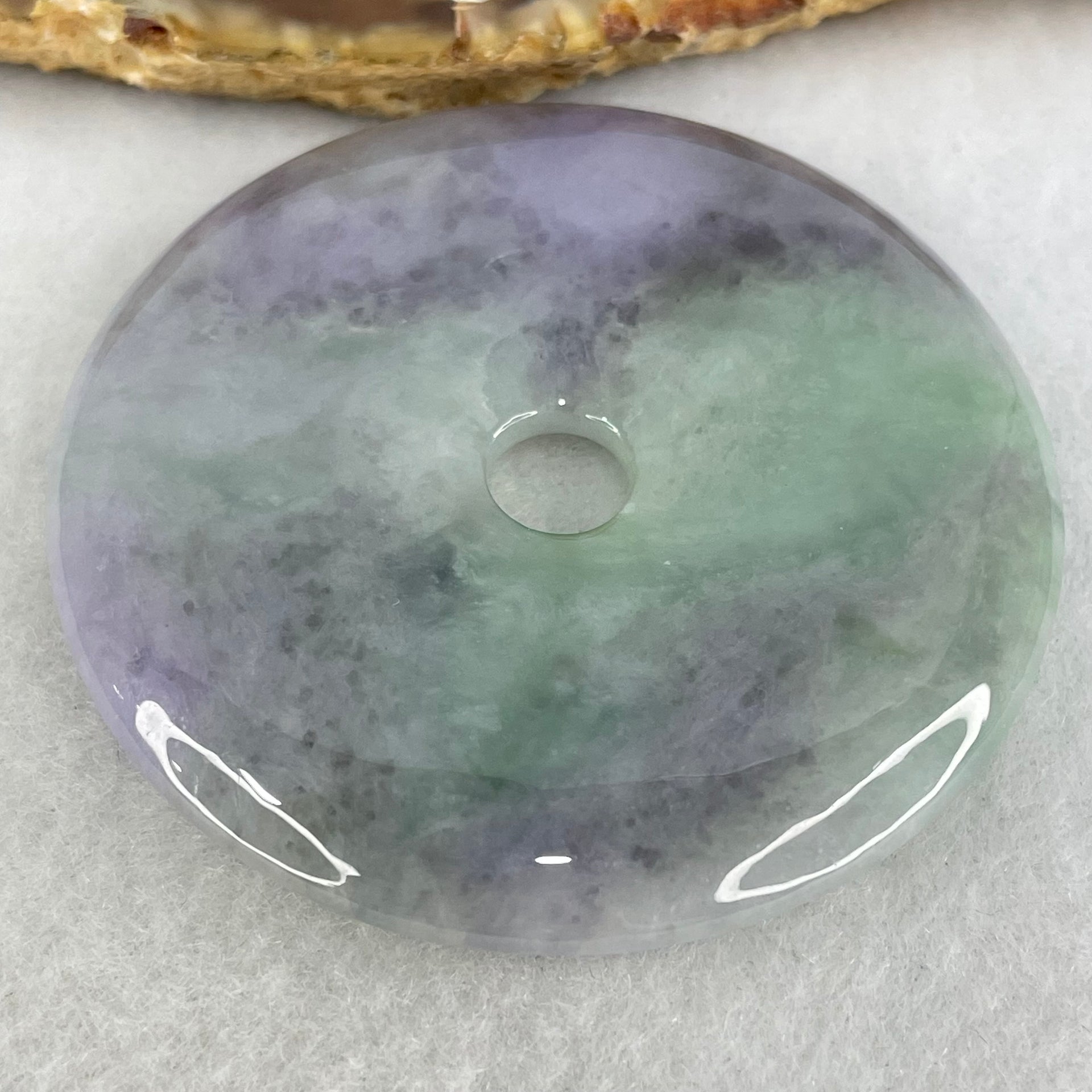 Type A Green With Deep Lavender And Wuji Grey Jadeite Ping An Kou Donut Pendant 47.34g 54.2 by 7.8mm - Huangs Jadeite and Jewelry Pte Ltd