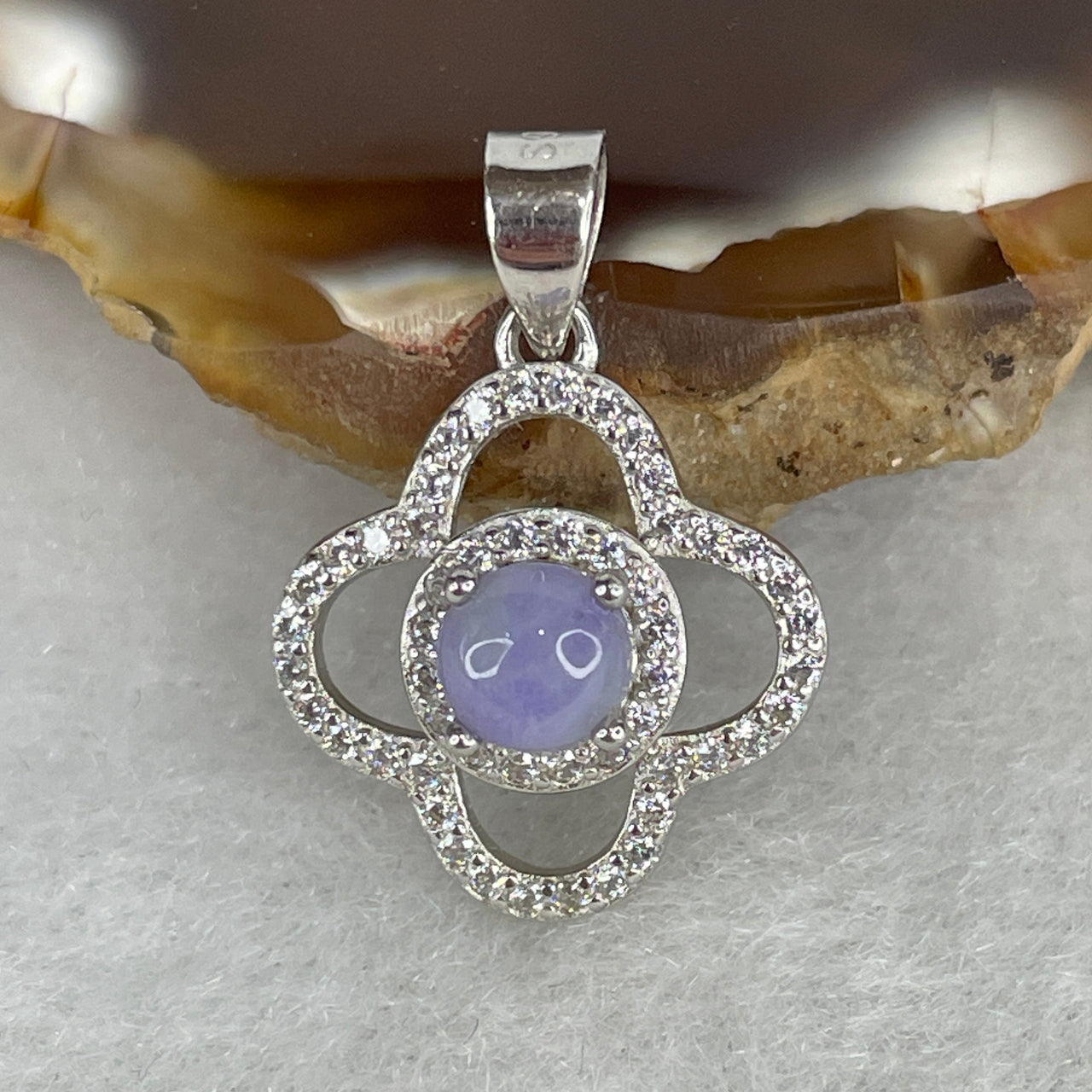 Type A Deep Lavender Jadeite Four-Leaf Clover Pendant | Rich Imperial Violet Cabochons 4.8x2.5mm | Solid S925 Sterling Silver Setting | Delicate "Violet Serendipity" Minimalist Token of Fortune (1.22g)