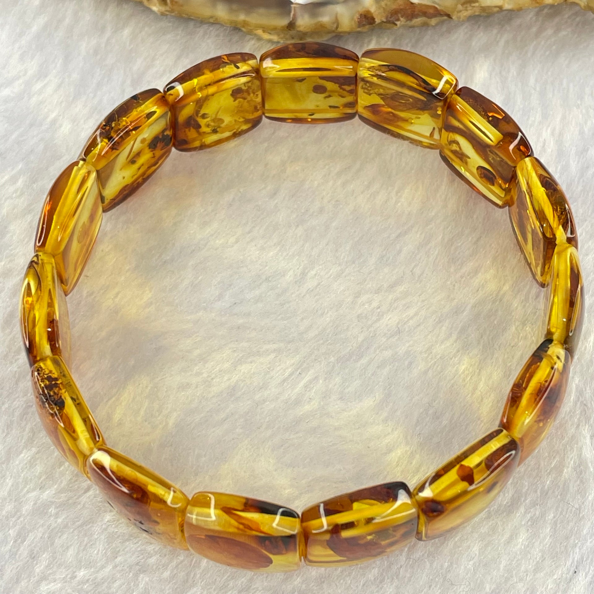 Natural Yellow Flower Amber Shou Pai Bracelet 天然花珀手牌手链 14.27g 17.5cm 18.6 by 12.7 by 4.8mm 15pcs - Huangs Jadeite and Jewelry Pte Ltd