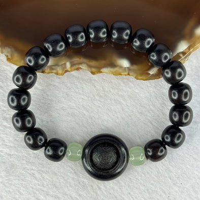 Natural Black Ebony Wood Beads with Movable Pixiu Pair and Coin Bead Bracelet 天然黑檀木珠手链 15.21g 16.5cm 10.1mm 17 Beads - Huangs Jadeite and Jewelry Pte Ltd