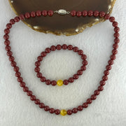 Natural Cinnabar with Amber Bracelet 16cm 8.5mm Necklace with Amber 44cm 8.5mm Set Total Weight 85.30g - Huangs Jadeite and Jewelry Pte Ltd