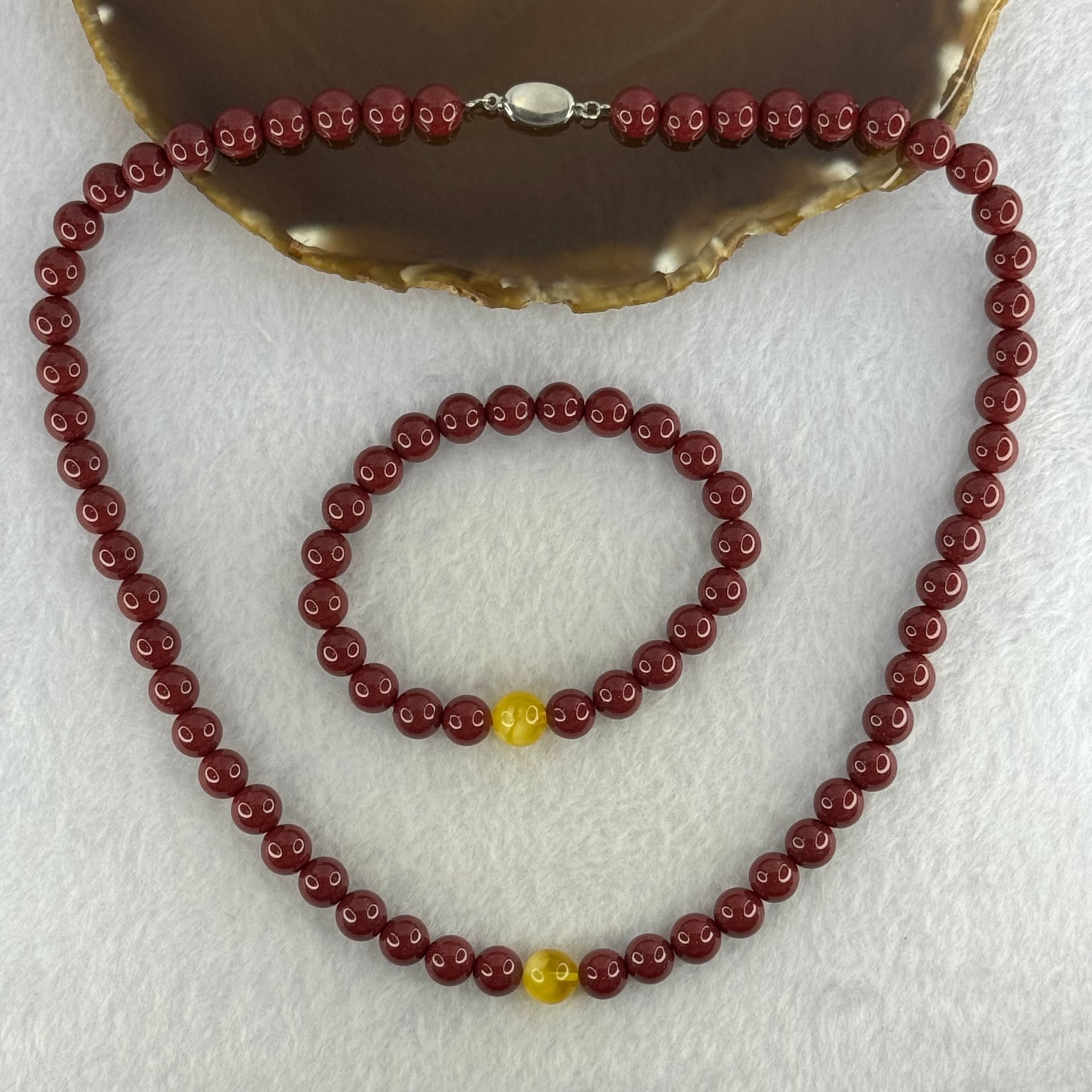 Natural Cinnabar with Amber Bracelet 16cm 8.5mm Necklace with Amber 44cm 8.5mm Set Total Weight 85.30g - Huangs Jadeite and Jewelry Pte Ltd