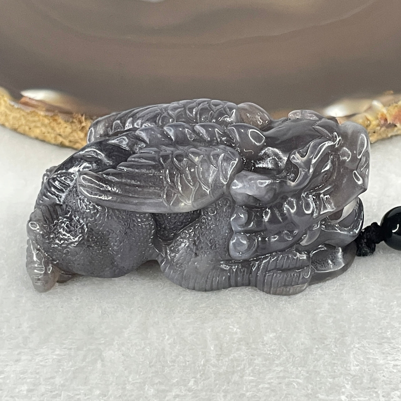 Certified Natural Nephrite Pixiu Pendant 91.50g - 60.2x28.9x27.0mm - Purplish Grey Flying Pixiu Handplay - Grade A Untreated Nephrite Jade Art
