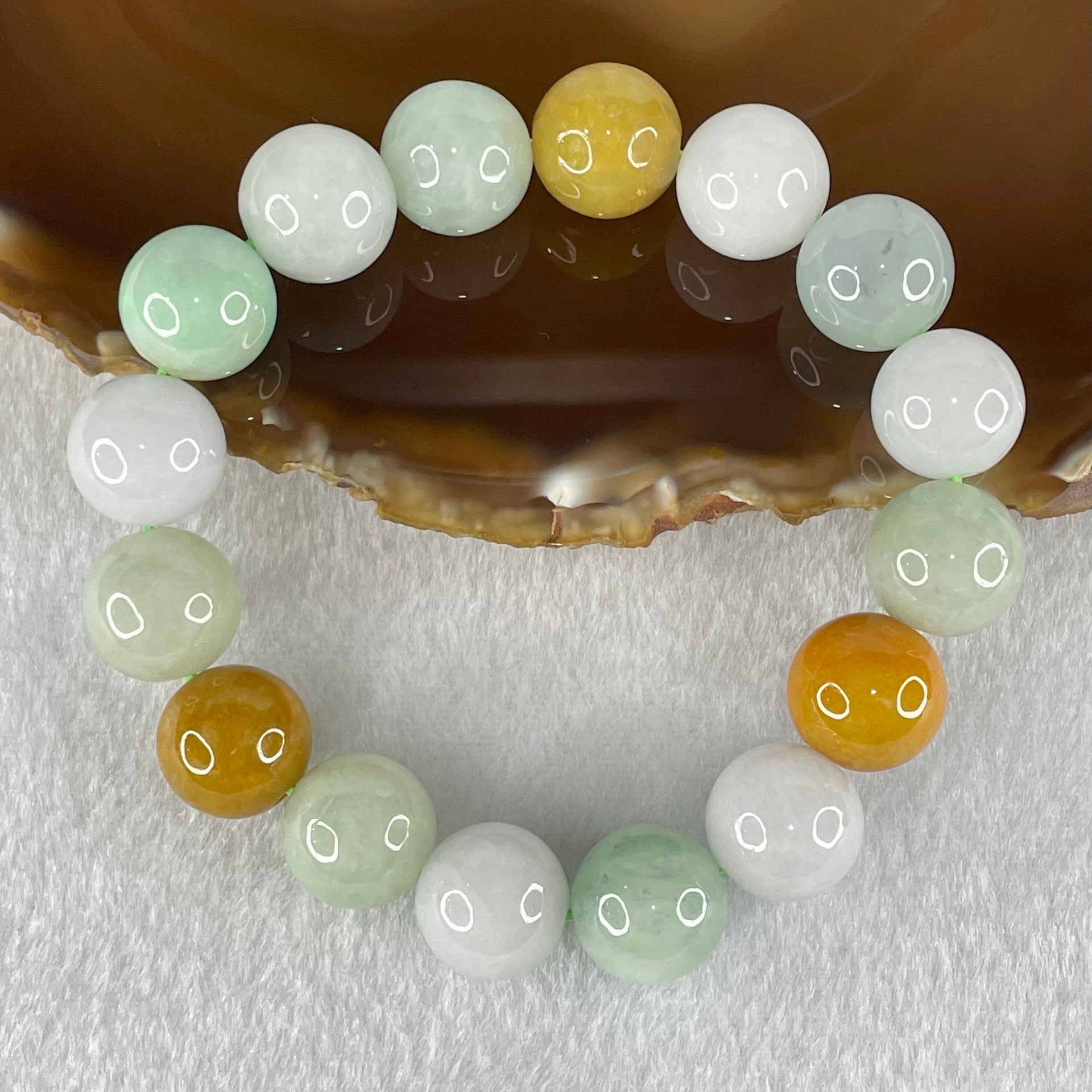 Type A Light Green Faint Lavender and Yellow Jadeite Beads Bracelet 64.31g 18cm 13.5mm 16 Beads - Huangs Jadeite and Jewelry Pte Ltd