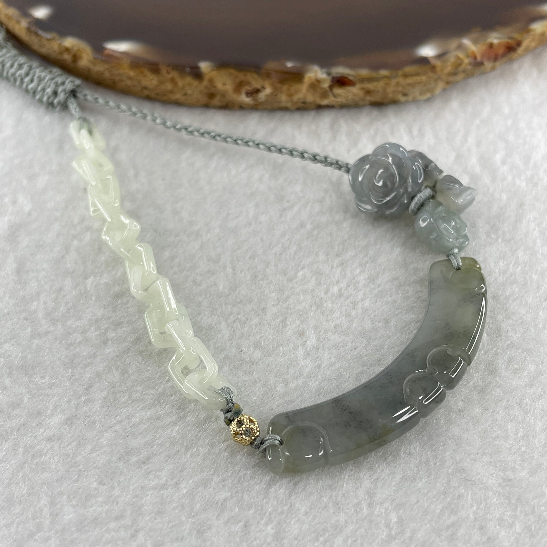 Natural Type A Semi Icy Wuji Grey Jadeite Ruyi with Flower and Butterfly Necklace 12.14g 50.1 by 12.6 by 3.9mm - Huangs Jadeite and Jewelry Pte Ltd