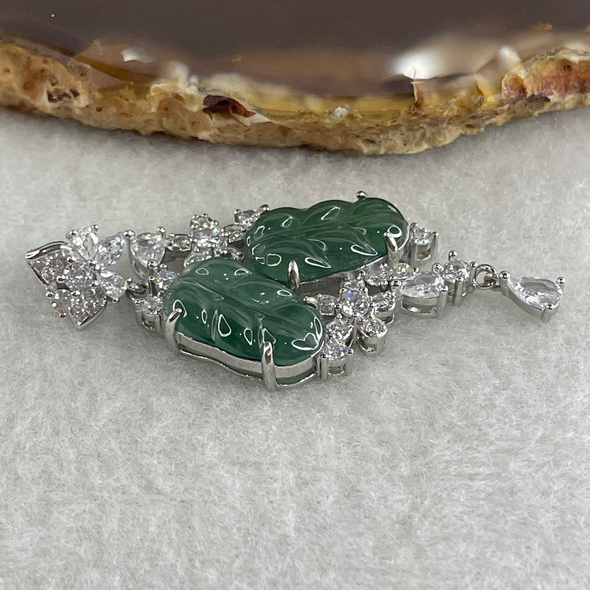 Natural Type A Icy Blueish Green Jadeite Double Leaf Pendant in S925 Silver |  (4.97g | 14.5 x 9.5 x 1.5mm | Double Growth & Executive Success Anchor, Feng Shui Prosperity & Harmony Pendant) - Huangs Jadeite and Jewelry Pte Ltd