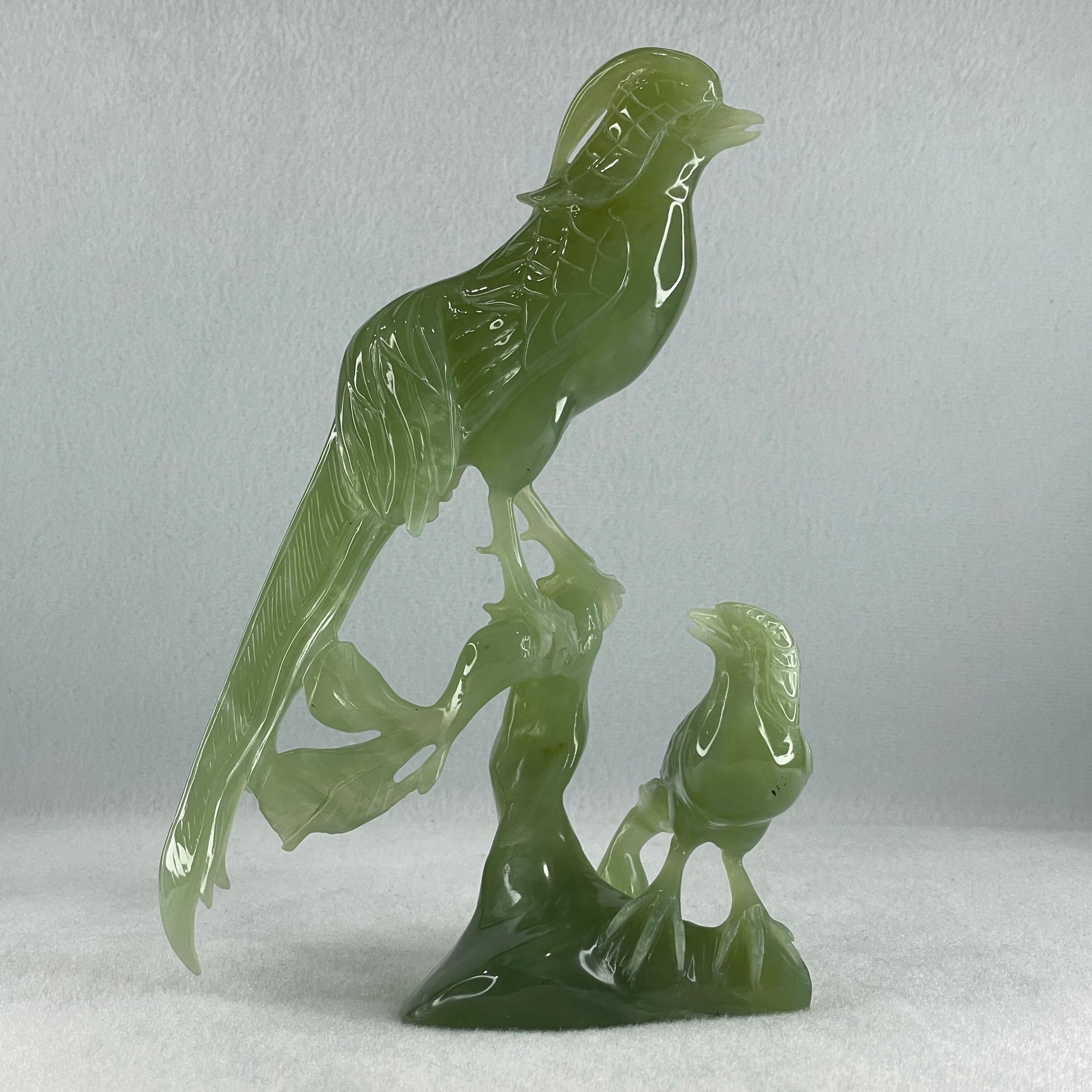 Natural Green Serpentine Phoenix with Bird with Wooden Stand Display 678.9g L155.0 by B105.0 by H226.0 mm - Huangs Jadeite and Jewelry Pte Ltd