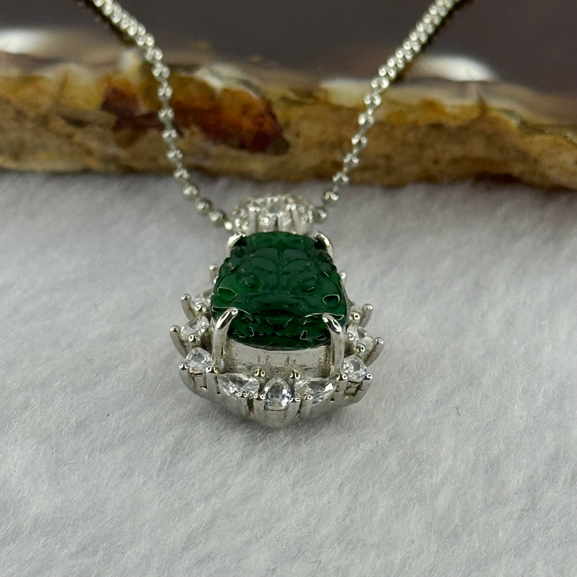Type A Icy Green Omphasite Jadeite Dragon Head with Crystals in S925 Sliver Necklace 5.11g 13.5 by 9.1 by 2.0mm - Huangs Jadeite and Jewelry Pte Ltd