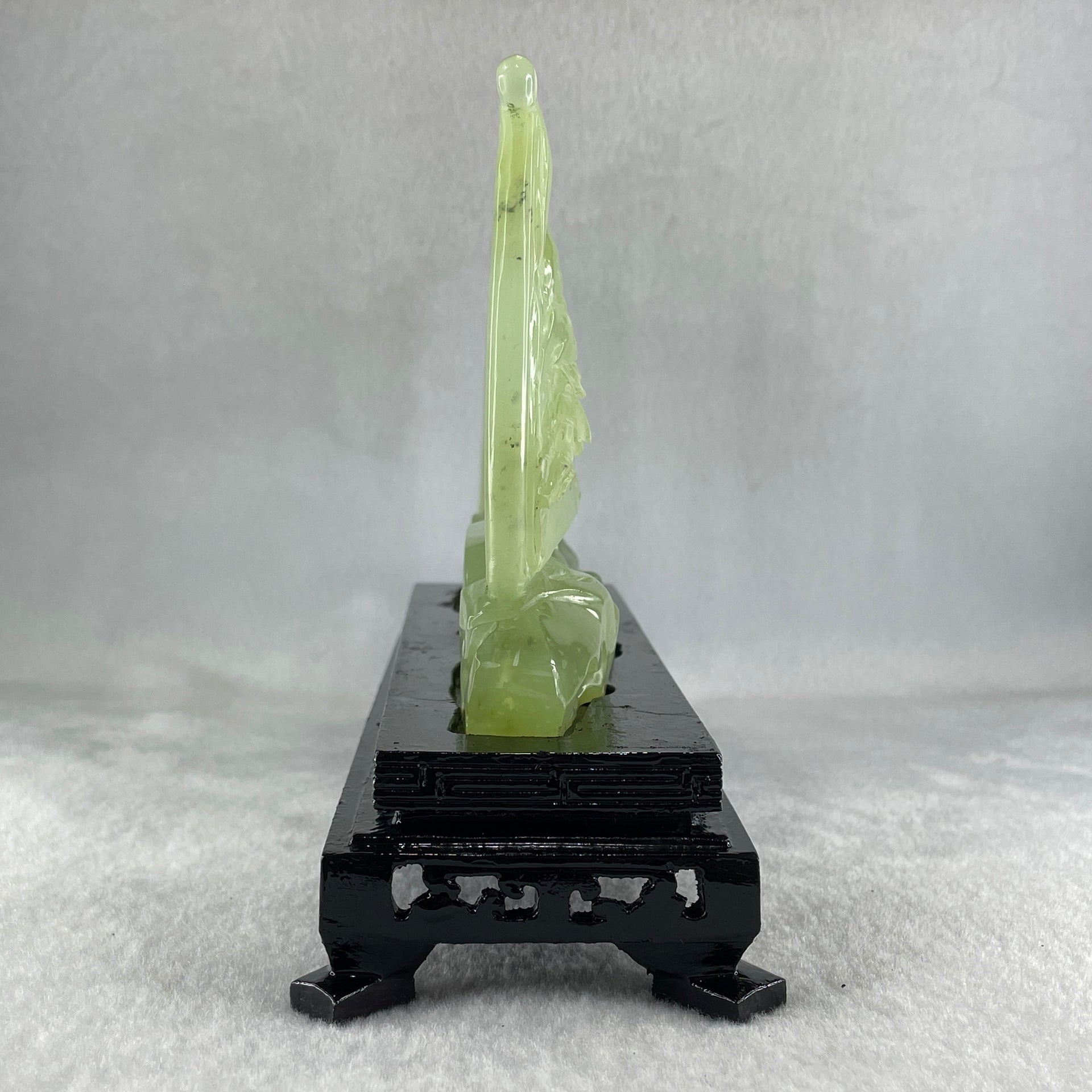 Natural Icy Light Green Serpentine Shan Shui with Gui ren Benefactor on Boat with Twin Birds with Wooden Stand Display 695.1g 242.0 by 164.0 by 83.0mm - Huangs Jadeite and Jewelry Pte Ltd