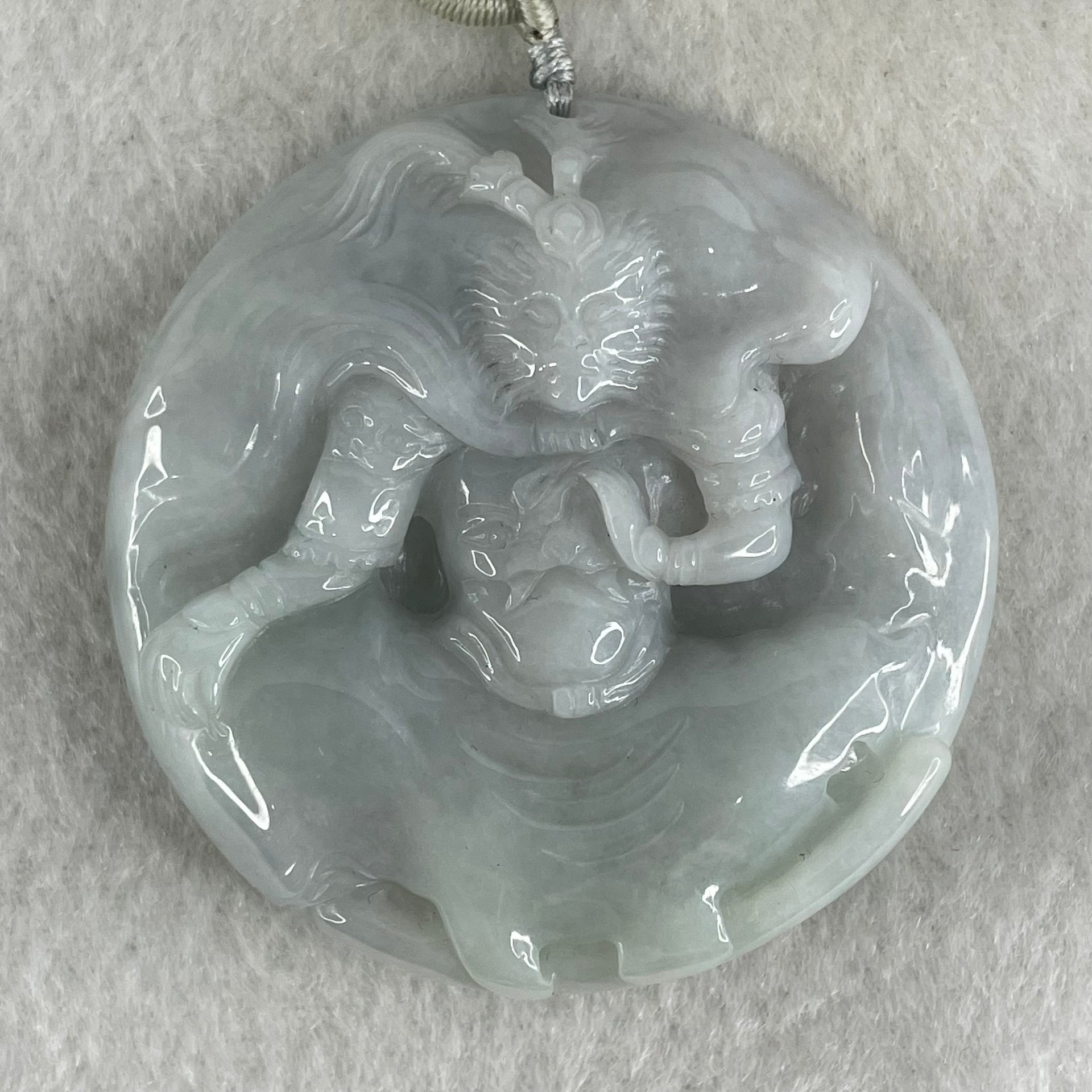 Type A Faint Green Lavender Jadeite Monkey God Sun Wu Kong  Pendant 73.39g 54.8 by 12.7mm - Huangs Jadeite and Jewelry Pte Ltd