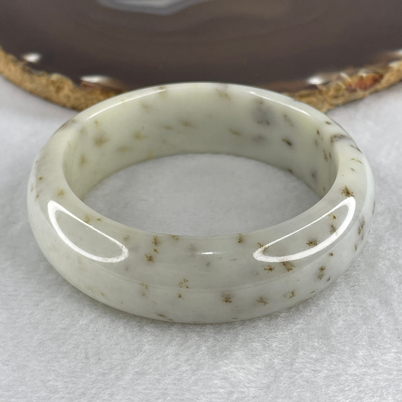 57.3mm Natural Type A Jadeite Bangle: Faint Green Jade with Brown Spots and Yellow (79.44g) - 19.4x10.1mm Width Genuine Burmese Jadeite (Slight Internal Lines)