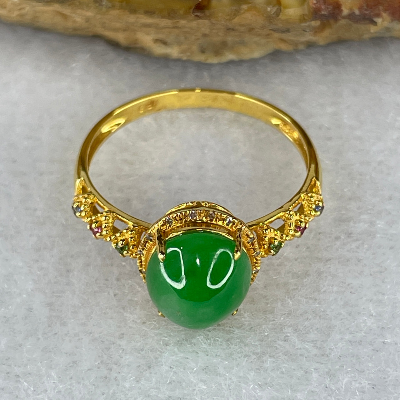 Type A Green Burmese Feng Shui Jade jadeite ring in 18k yellow gold & natural diamonds 2.05g US 7 HK 14 - Huangs Jadeite and Jewelry Pte Ltd