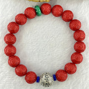 Natural Red Cinnabar Beads Bracelet with Om Mani Padme Hum Mantra Carving 38.10g 16.5cm 10.5mm 17 Beads - Huangs Jadeite and Jewelry Pte Ltd