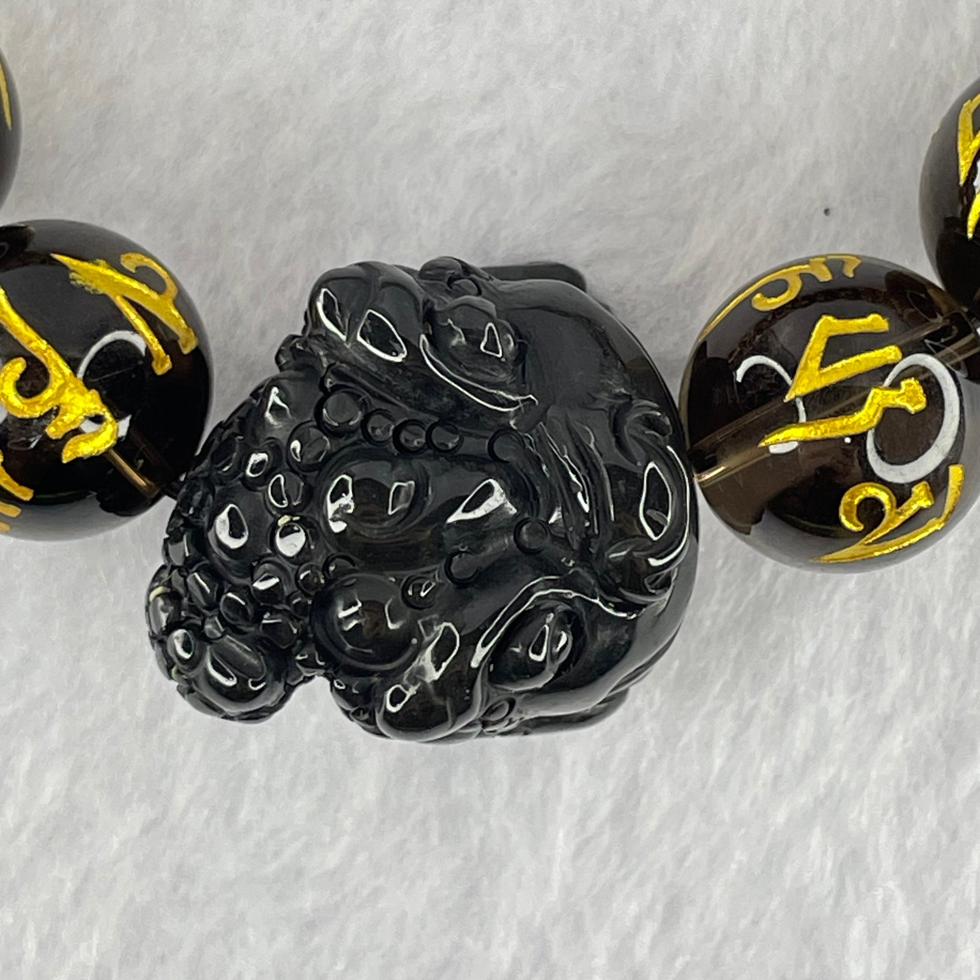 Natural Smoky Quartz Om Mani Padme Hum Beads Bracelet with Black Onyx 3 Legged Toad Charm 24.5 by 27.4 by 20.2mm 67.40g 19cm 14.1mm 14 Beads - Huangs Jadeite and Jewelry Pte Ltd