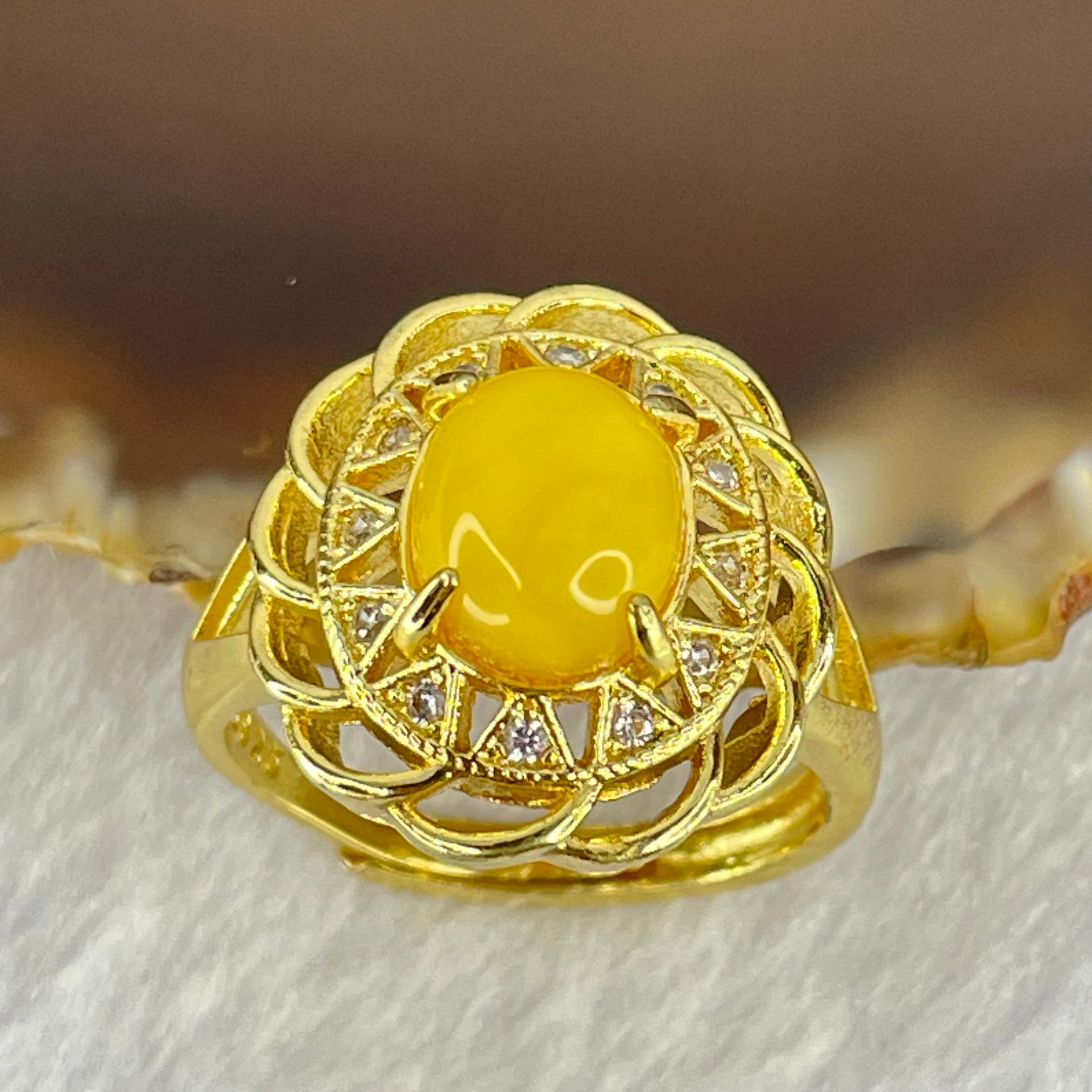 Natural Butterscotch Amber With Crystals in S925 Sliver Gold Color Ring (Adjustable Size) 3.74g 8.9 by 7.2 by 5.0mm - Huangs Jadeite and Jewelry Pte Ltd
