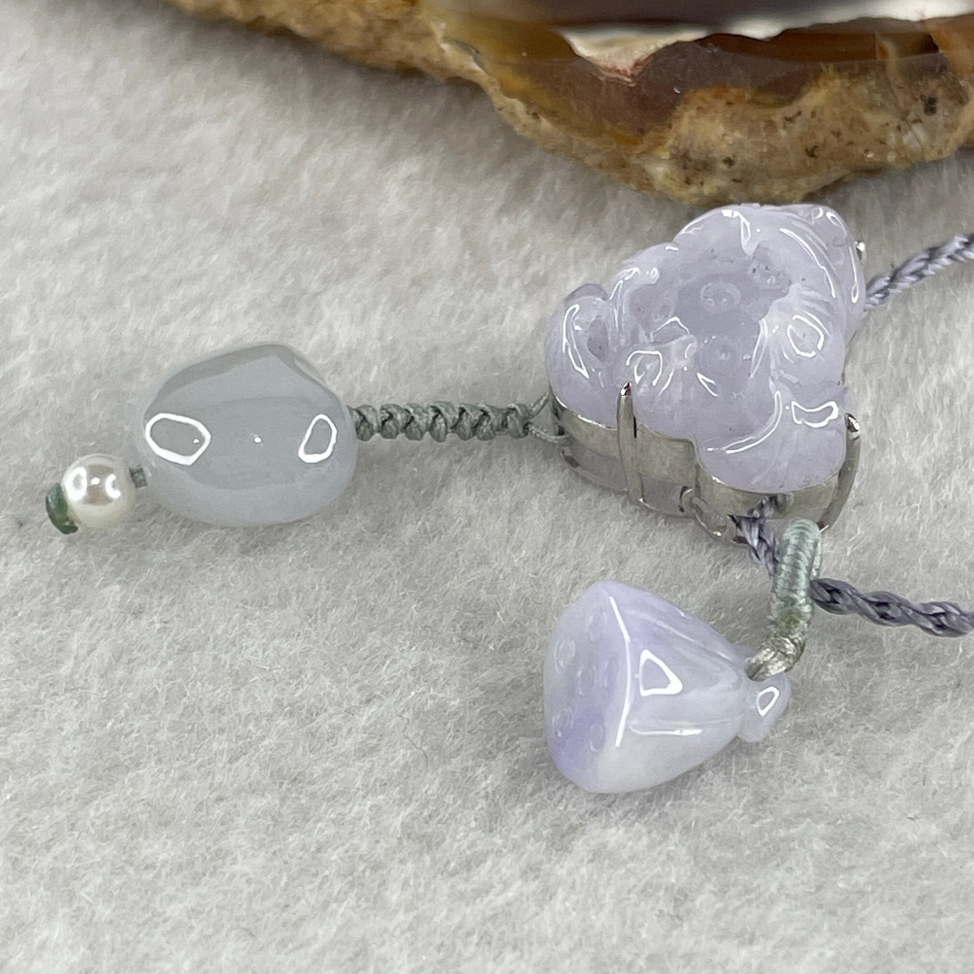 Natural Type A Light Lavender Jadeite Lotus Flower with Heart Shape on String Necklace 6.97g 14.5 by 16.8 by 8.8mm - Huangs Jadeite and Jewelry Pte Ltd