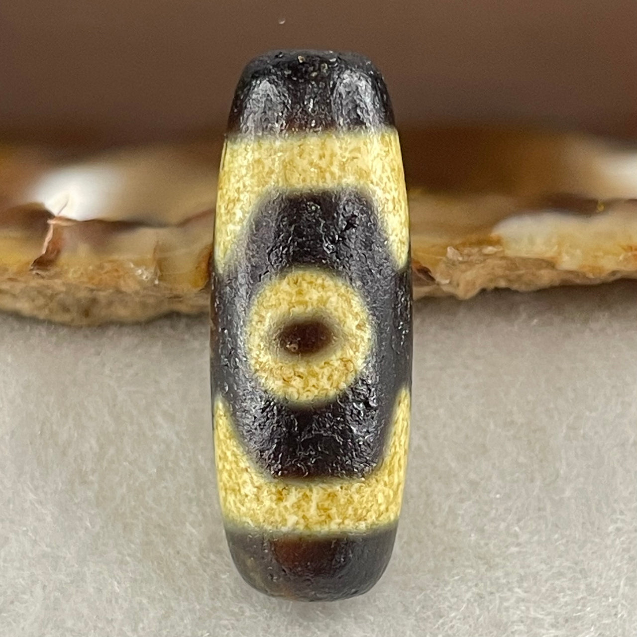 Natural Powerful Tibetan Old Oily Agate 3 Eyes Dzi Bead Heavenly Master (Tian Zhu) 三眼天诛 5.07g 28.8 by 10.8mm - Huangs Jadeite and Jewelry Pte Ltd