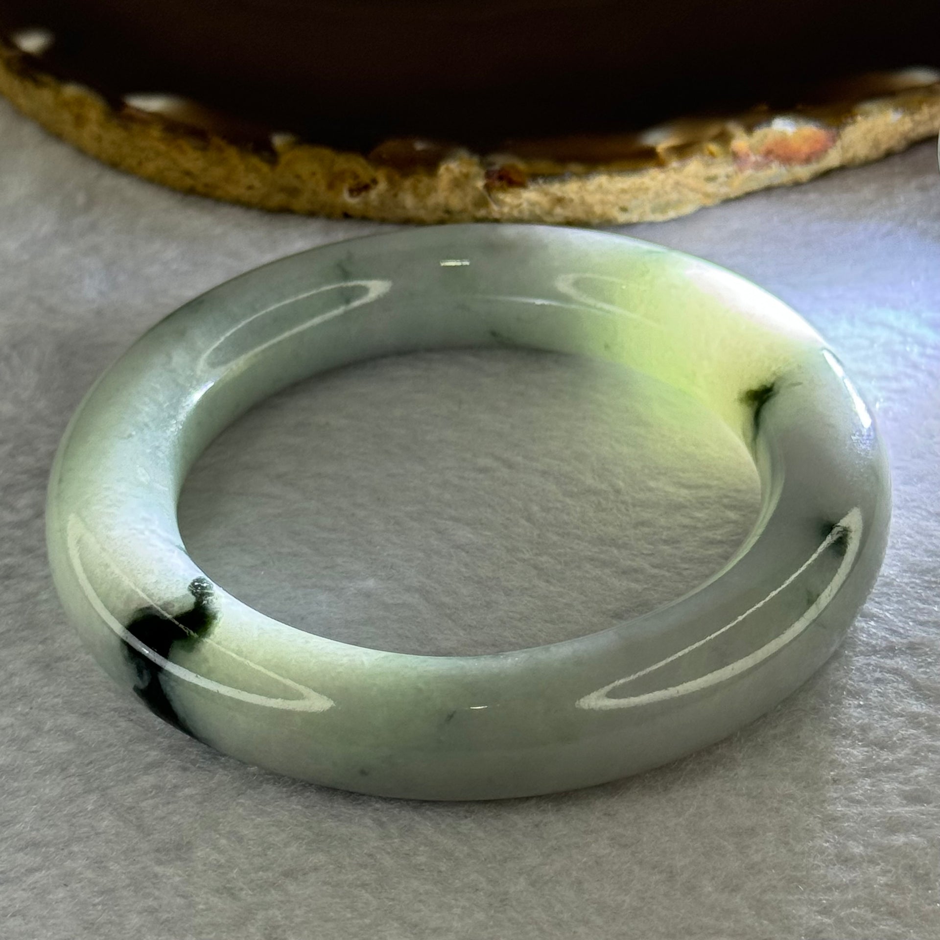 Type A Green Lavender with Moss Green Patches Jadeite Bangle Internal Diameter 57.4mm 97.51g 13.1 by 12.8mm (Very Slight External Rough) - Huangs Jadeite and Jewelry Pte Ltd