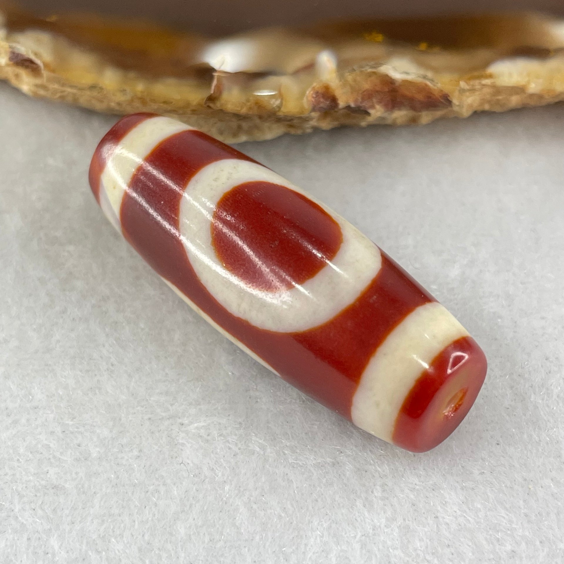 Natural Powerful Tibetan Old Oily Red White Agate One Eye Fire Sign Dzi Bead Heavenly Master (Tian Zhu) 一眼火天珠 11.40g 37.8 by 14.1mm - Huangs Jadeite and Jewelry Pte Ltd
