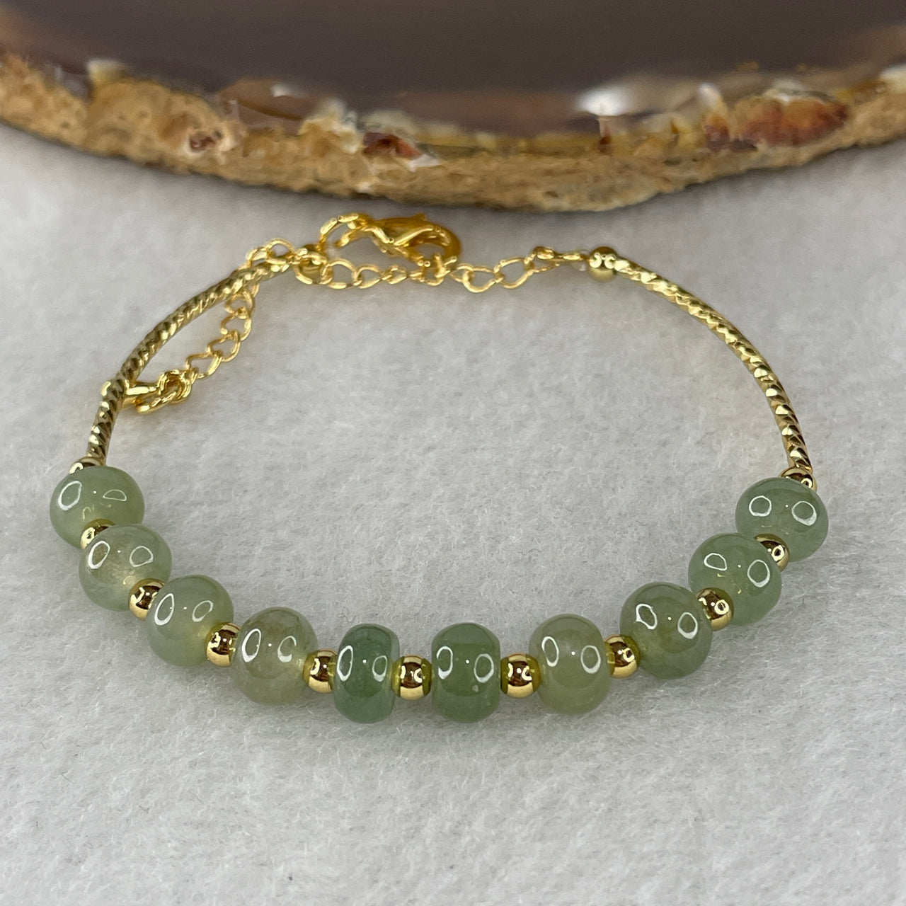Natural Type A Semi-Icy Blueish Green Jadeite Donut Bracelet | Gold Color 10-Bead Adjustable Safety Coin Charm Bracelet (5.63g)