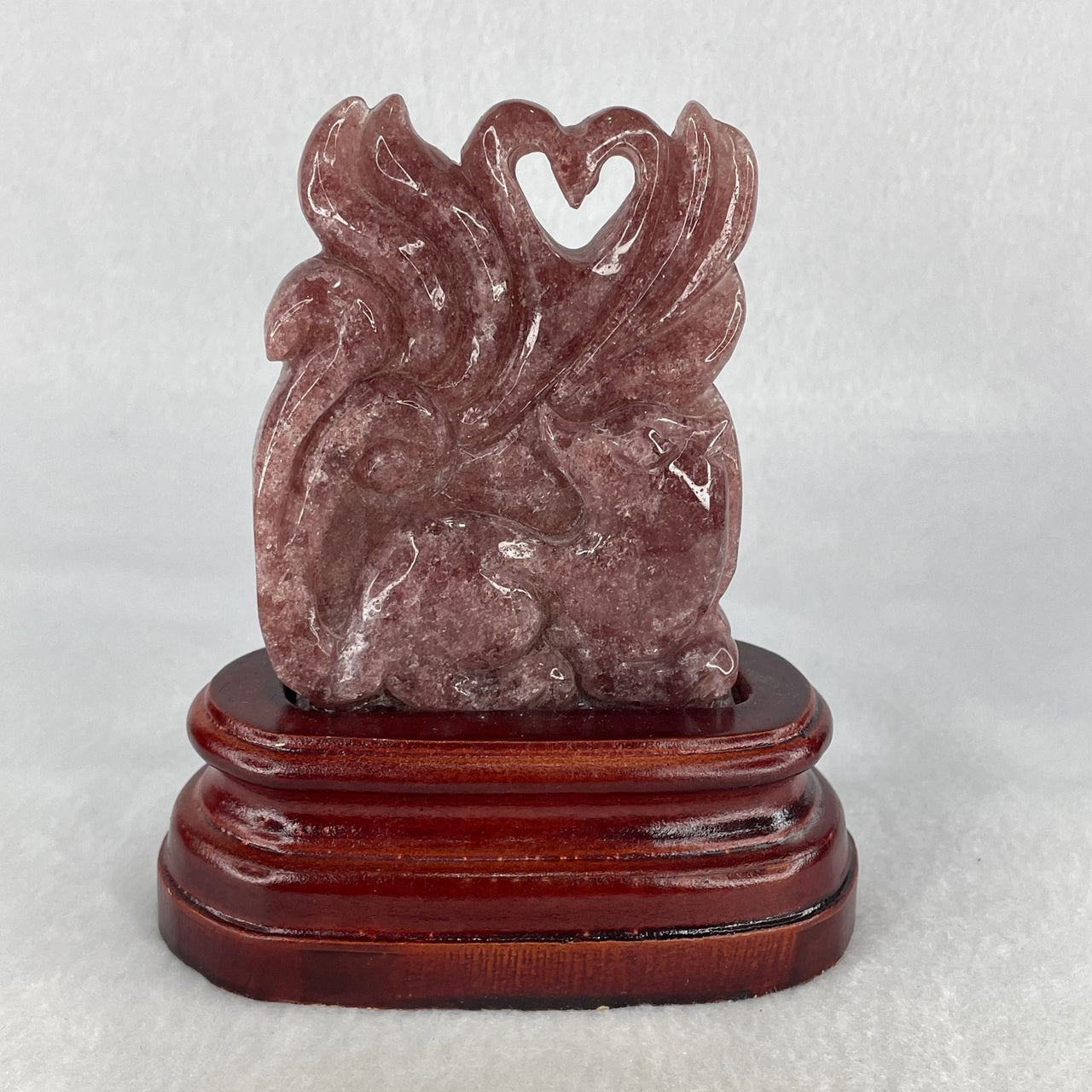 Natural Reddish-Pink Strawberry Quartz 9-Tail Fox | Ultimate Romance & Attraction Magnet | Premium Custom Wooden Display Stand (282.4g 116x60x125mm)