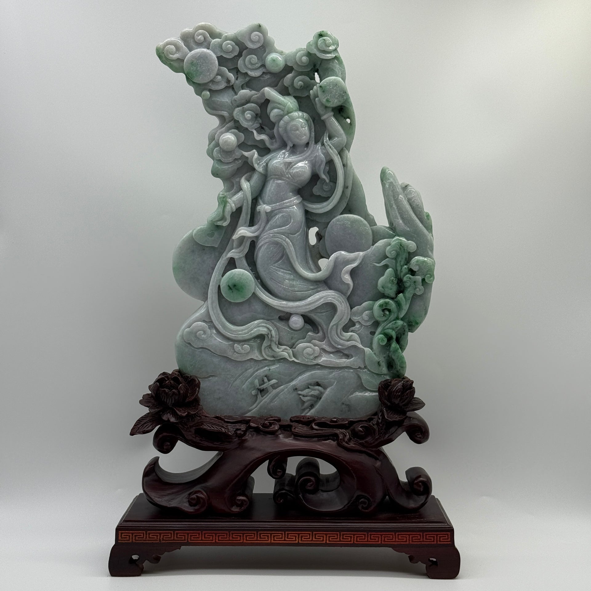 Type A Lavender and Green with Spicy Green Spots 仙女 with Wooden Stand Display Piece 3.38kg Dimensions with Stand 43 by 27 by 10cm Jadeite Dimensions 31 by 22 by 3cm - Huangs Jadeite and Jewelry Pte Ltd