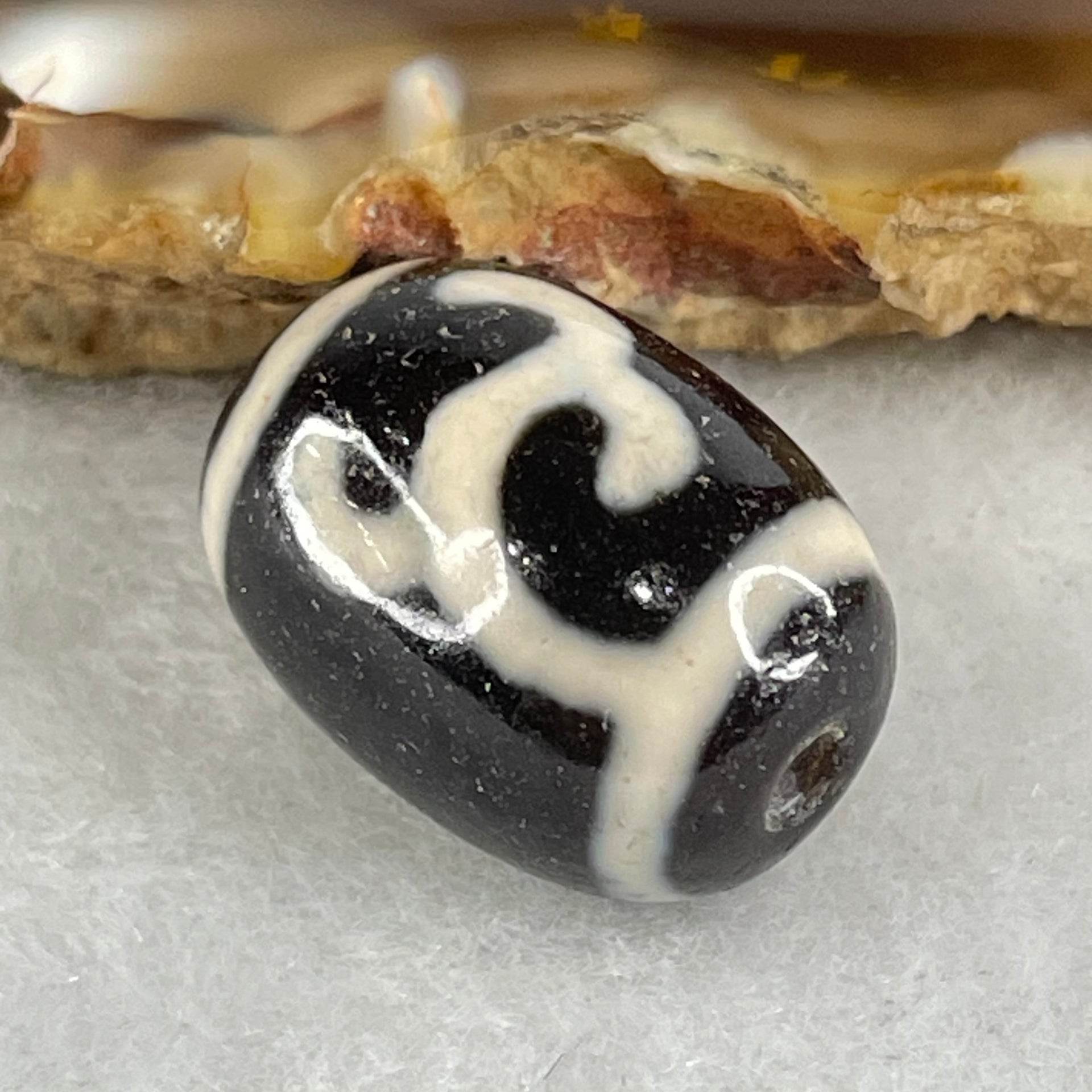 Natural Powerful Tibetan Old Oily Black White Agate Green Tara Dzi Bead Heavenly Master (Tian Zhu) 绿度母天珠 4.12g 17.4 by 12.6mm - Huangs Jadeite and Jewelry Pte Ltd