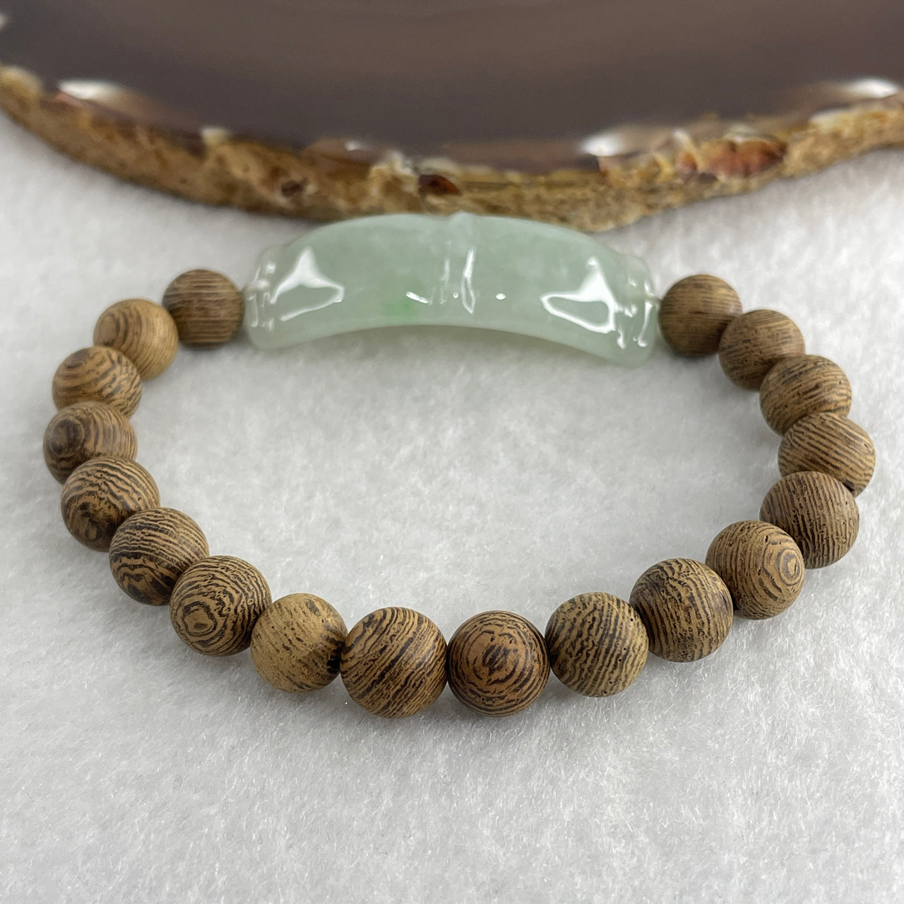 Natural Type A Light Green Jadeite Bamboo with Wooden Beads Bracelet 12.96g 16cm 42.1 by 14.4 by 4.7mm