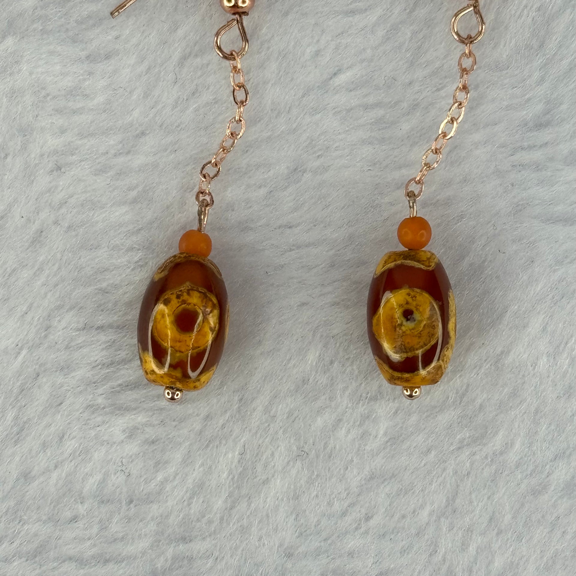 Natural Powerful Tibetan Old Oily Red Yellowish White Agate 3 Eyes Dzi Bead Heavenly Master (Tian Zhu) 三眼天诛 in S925 Sliver Rose Gold Color Earrings 2.92g 11.8 by 8.2mm - Huangs Jadeite and Jewelry Pte Ltd